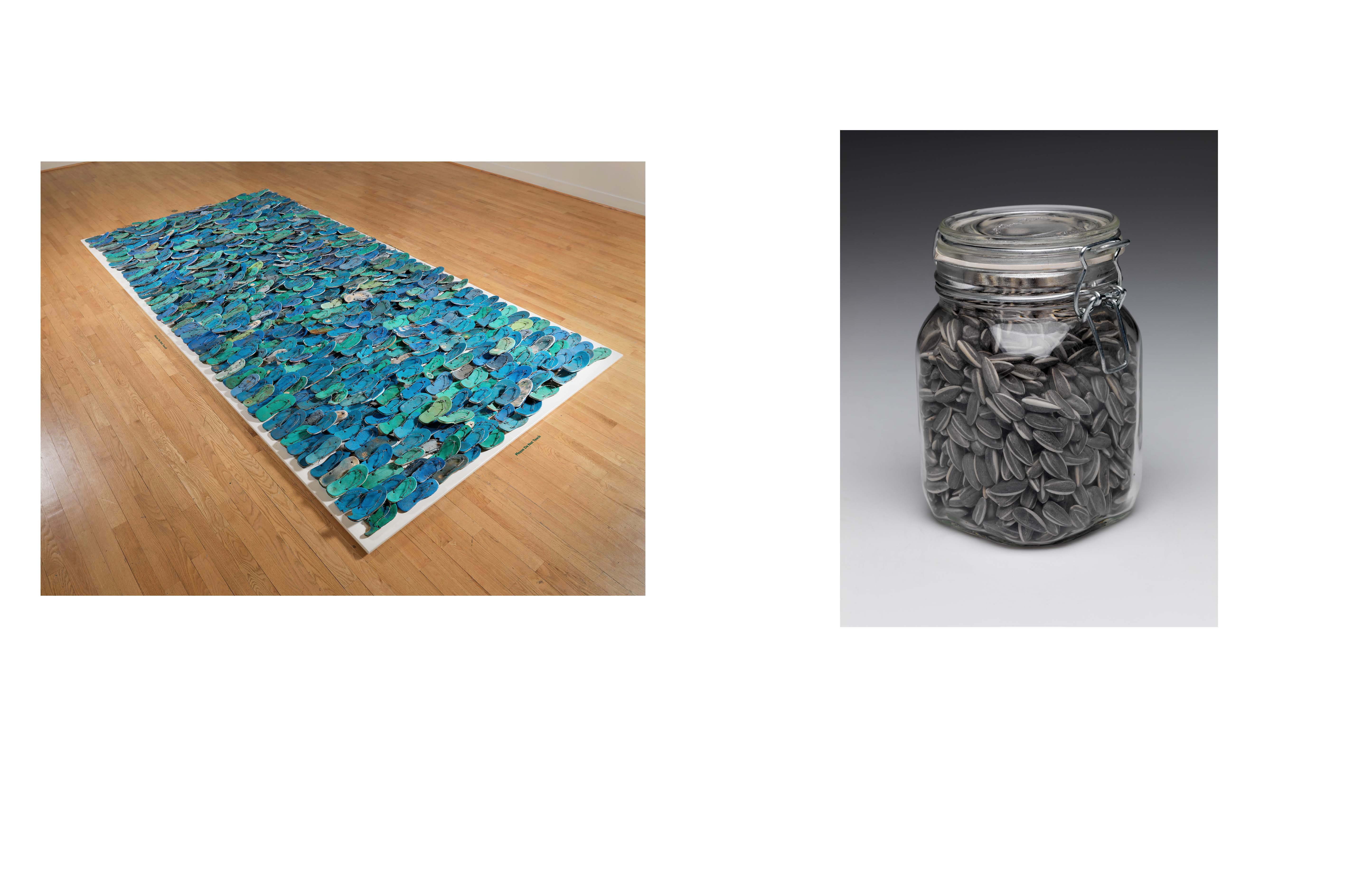 On the left side is a image of a low white rectangular platform on the floor covered with blue flipflops layers that have barbed wire for straps. On the right is glass jar with snap lid that 1000 porcelain sun flower seeds, sculpted and painted by hand.   