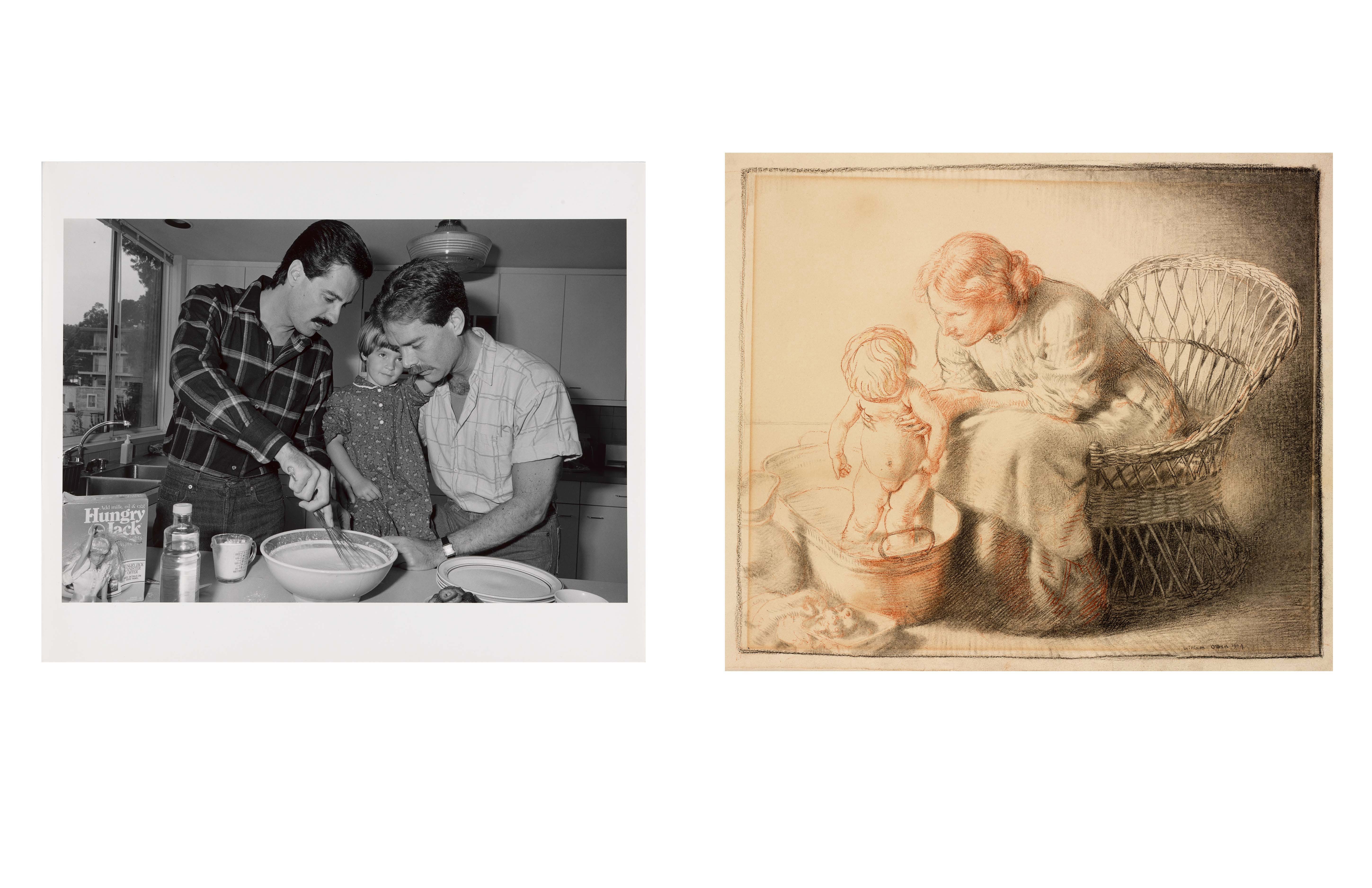 Left side of page has an image of two men. The one the left is in a flannel long sleeve shirt and is preparing pancakes. The man on right is in a short sleeve shirt hold  for their daughter in a flora print dress being held his daughter in a floral dress between the two men. 
