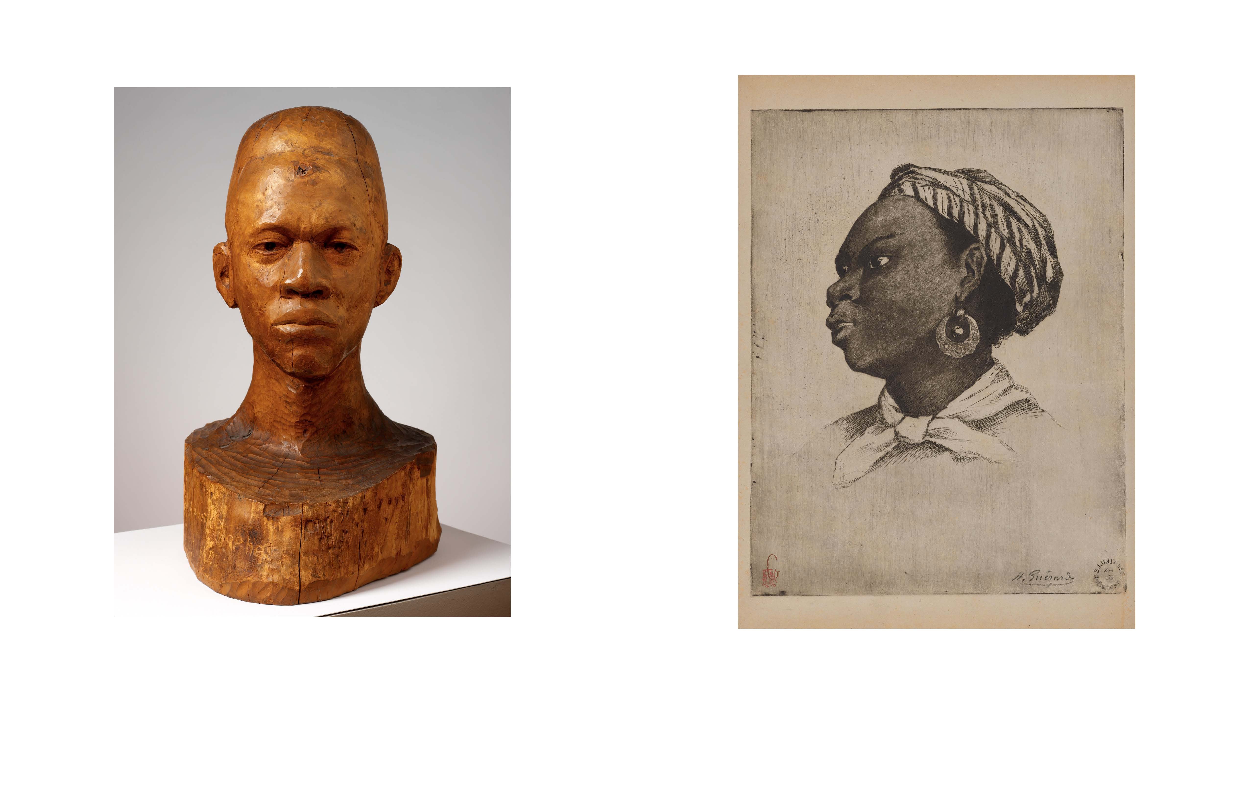 Left side is an image of a wooden head and neck of a Black Man. Right side is an image of back woman with wearing a neck and head scarf. She wears a dangling hoop earing.  