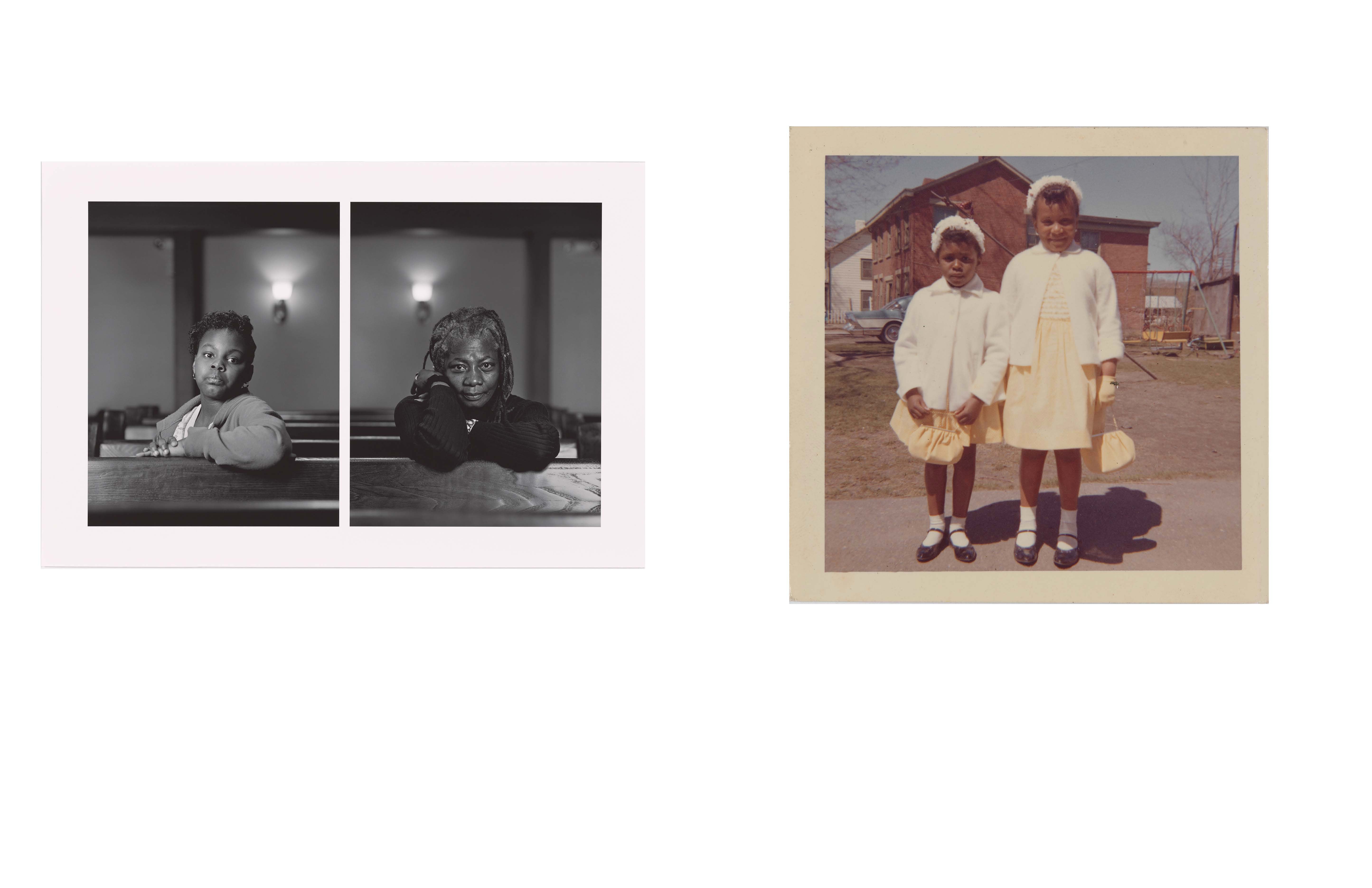 Left side is an image that is divided in two. The left is an image of early teenage black girl, hair pulled back with only a few curls on top, with one arm propped on a church pew. Right is a elder black woman with small short dreadlocks, her elbows on the church pew. One hand next her ear facing back backwards while the other is hand is not visible