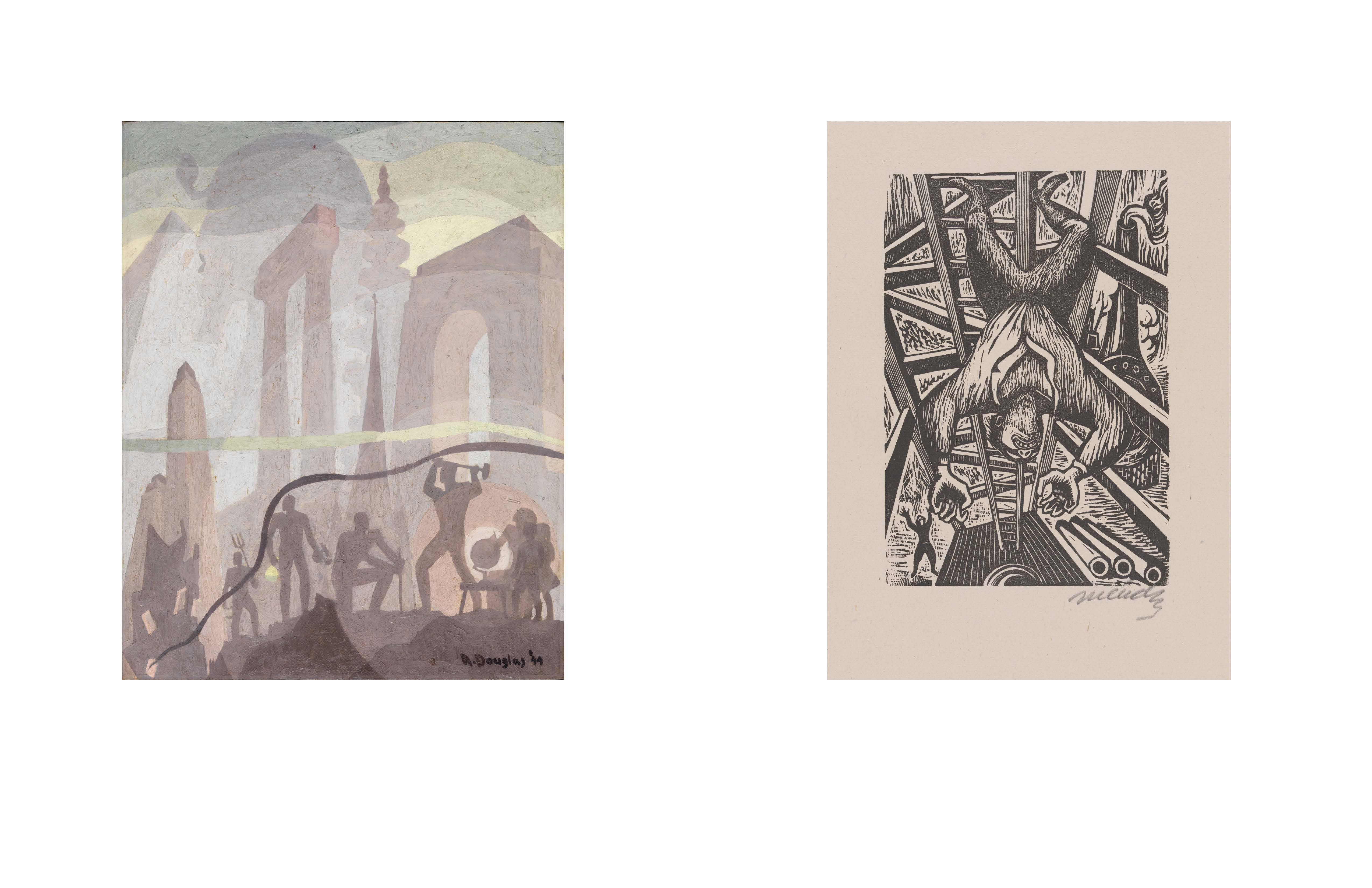 Two images. Left side is Build More Stately Mansions by Aaron Douglas. Right side is An Accident from the portfolio 25 prints of Leopoldo Mendez
