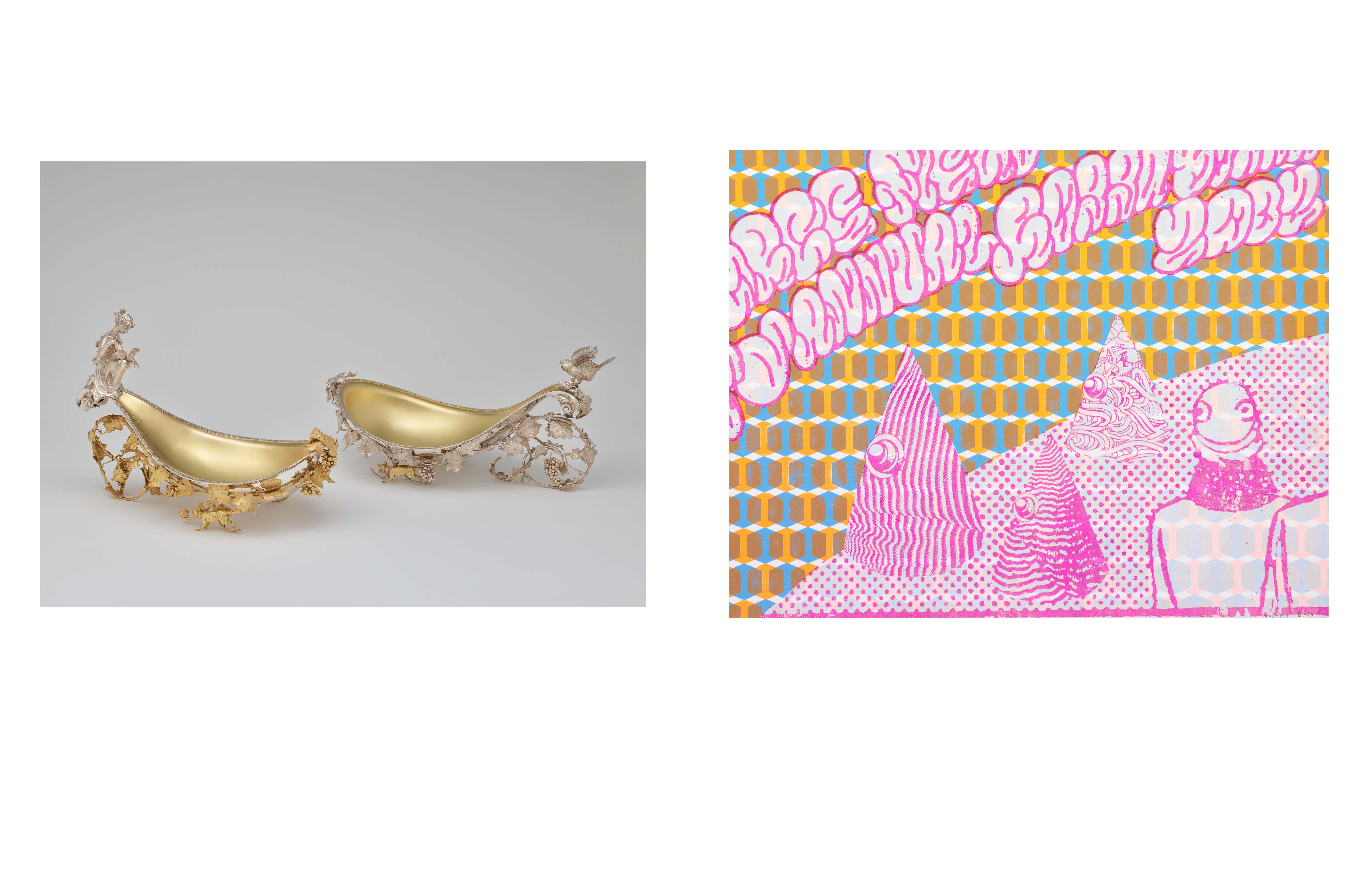 left side image is a fruit stand by Gorham Manufacturing Company. Right side is a Matt Brinkman print from the portfolio Promassive.
