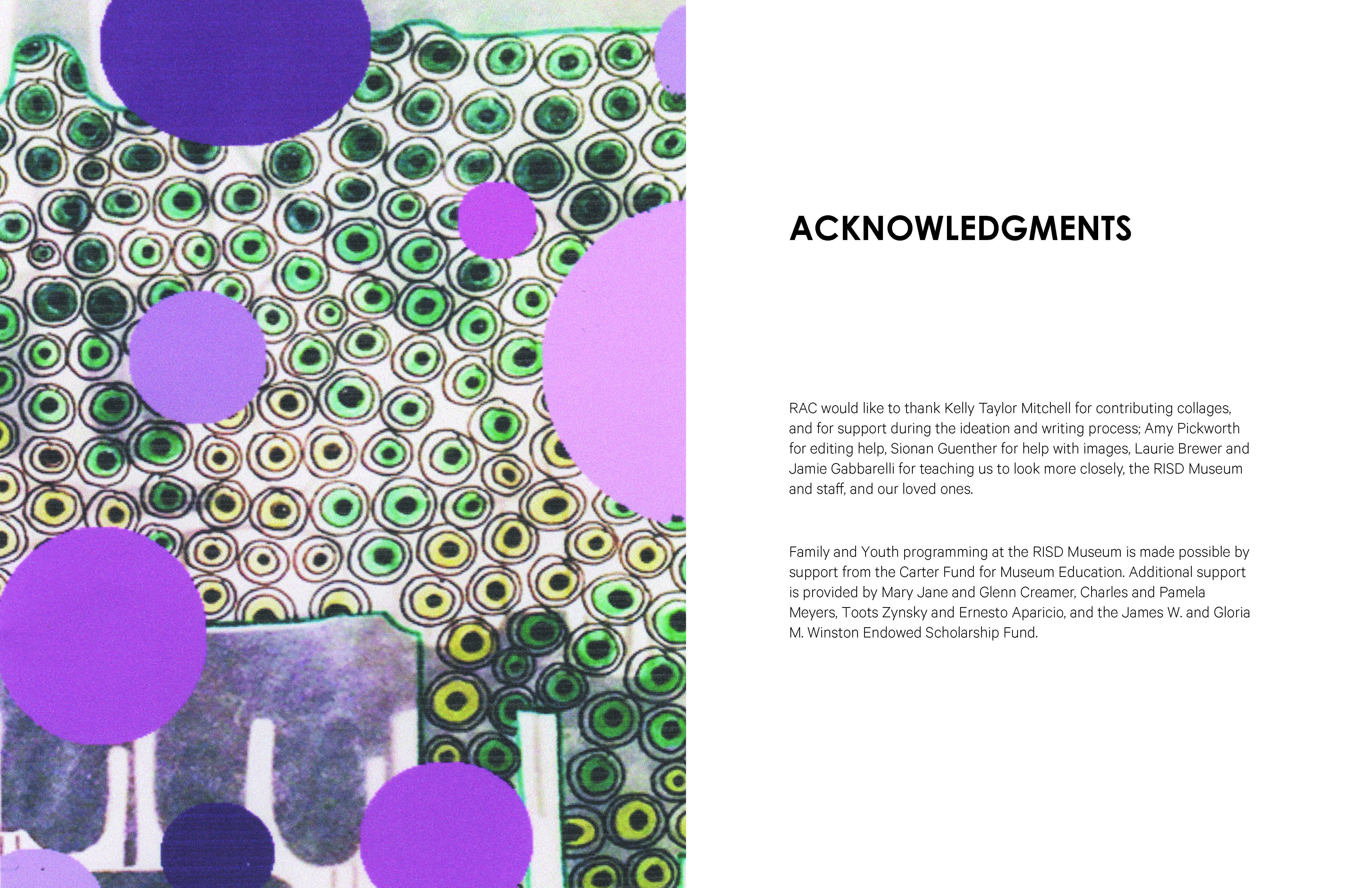Left page is a design of blueish green and black circle with purple circles overlayed. Right side is acknowledgments 