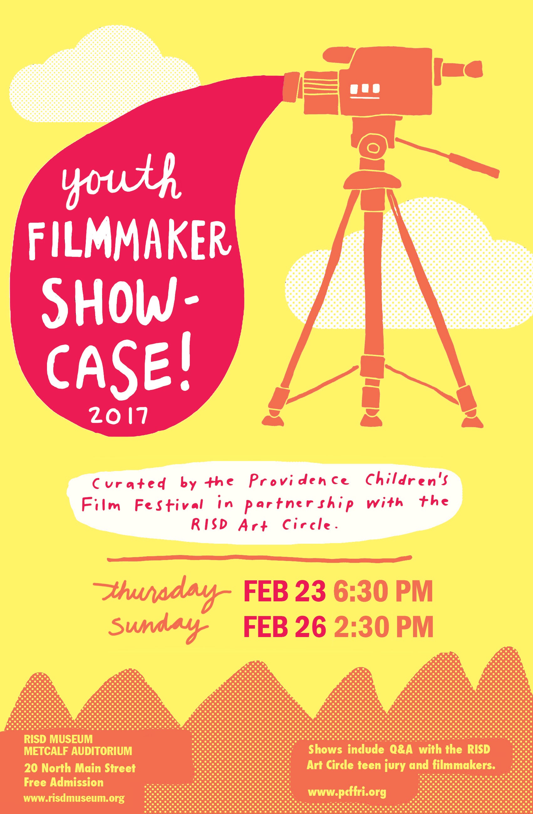 Yellow, pink, and orange poster advertising the Youth Film Maker Showcase