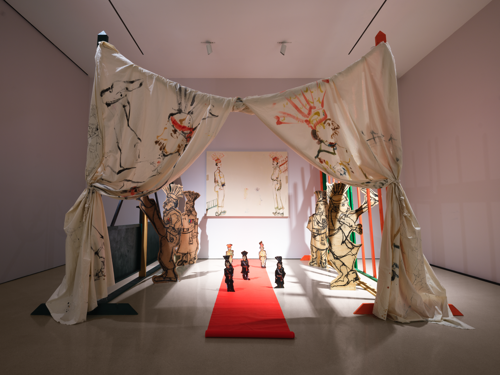 installation comprising oil painting on canvas, masonite, and muslin; charcoal and found fabric on wood cutouts, wooden handmade gates, sound, video performance (05:22), projection, carpet, and hardware