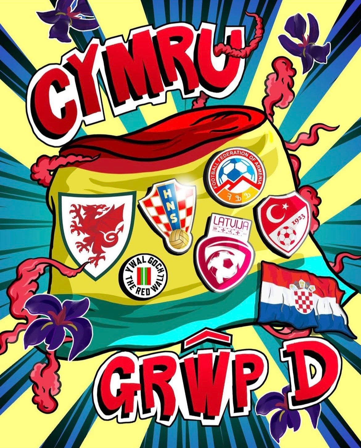 Art of a bucket hat surrounded by daffodils with different country's national football team logos and the words "Wales Group D" in Welsh.