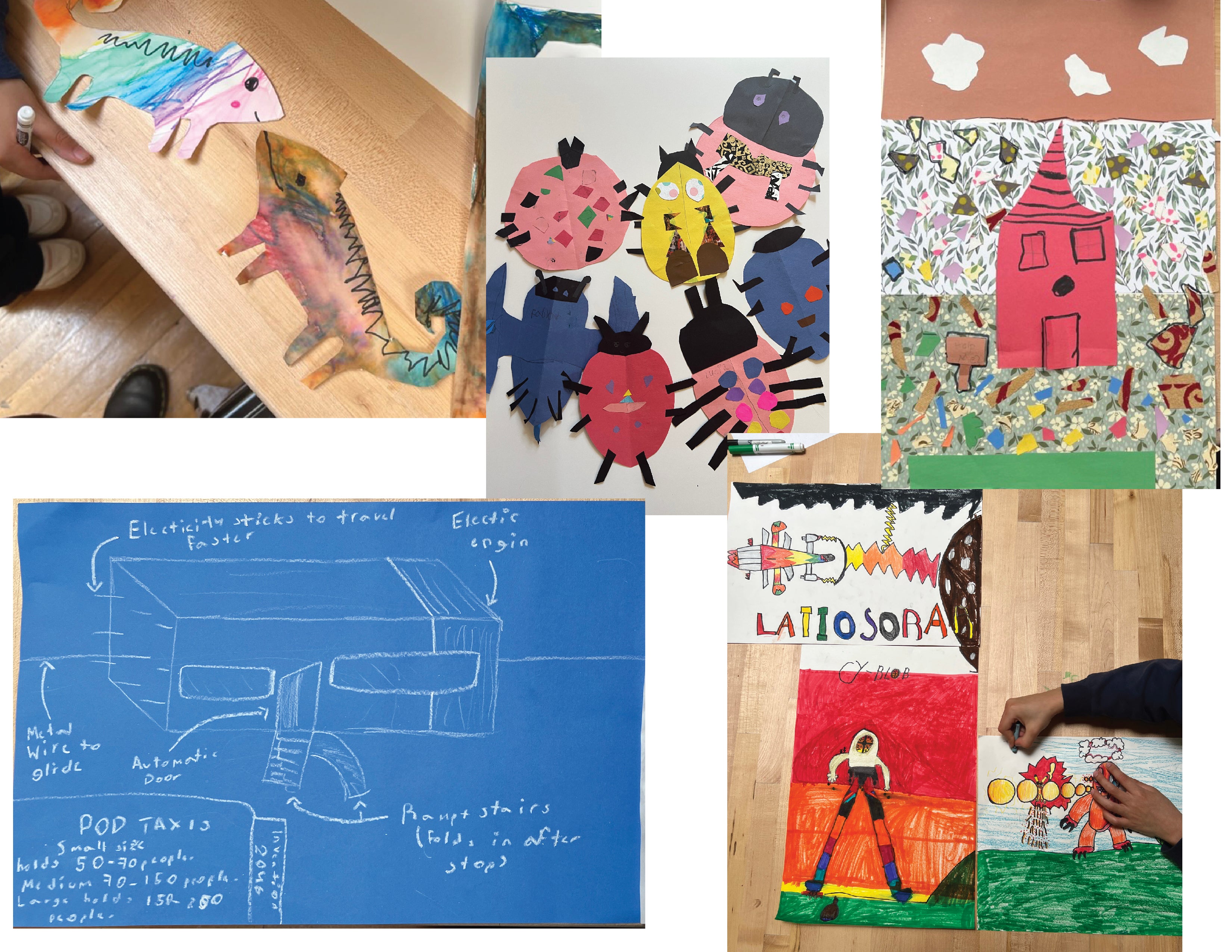 Selected works by elementary school students. Works include invention blueprints, home collage, symmetrical beetles, and hybrid creatures. Students from grades kindergarten through fourth grade are represented.