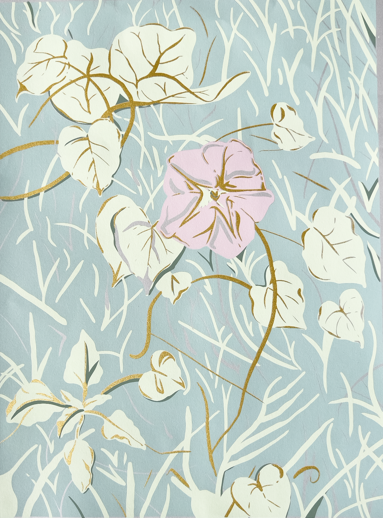 /Blue%2C%20green%2C%20gold%20and%20pink%20silkscreen%20print%20depicting%20of%20a%20morning%20glory%20