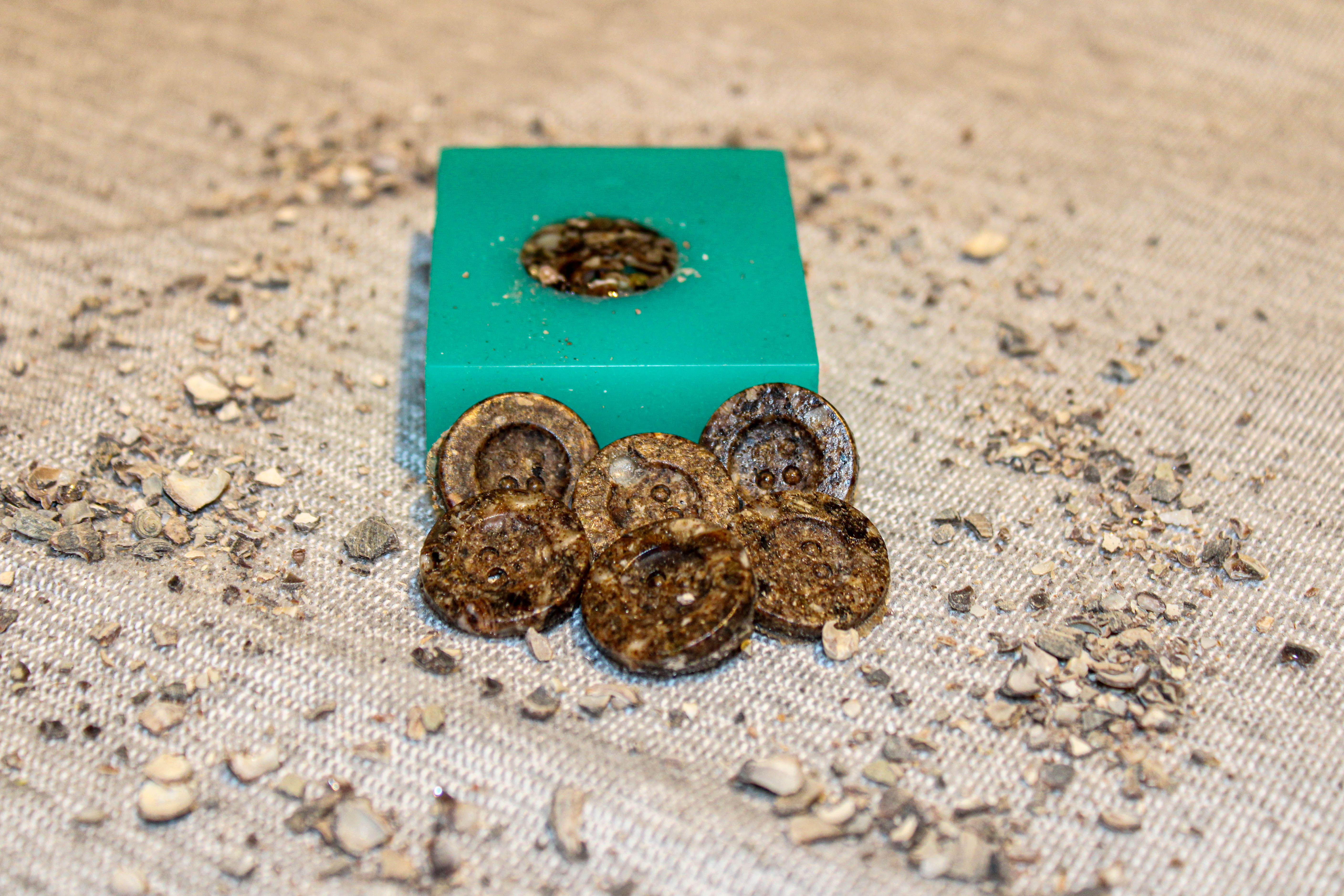 Close-up image of six buttons made from ground up periwinkle shells. They are rather earthy and look somewhat like a light brown soil mixture. Behind the shells is a bright green silicone mold used to make the shape of the cast objects.
