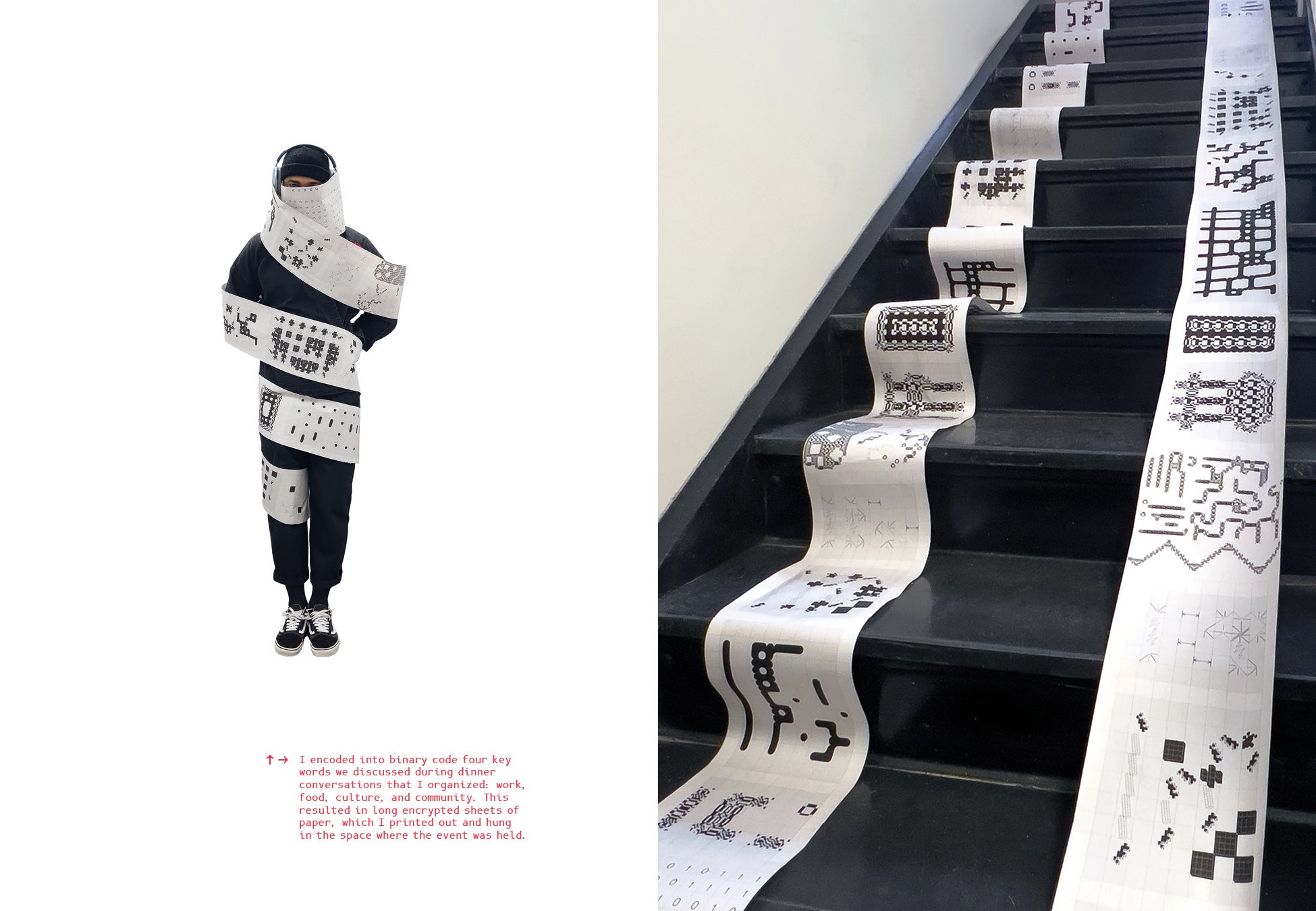/A%20man%20standing%20still%20covered%20in%20a%20long%20sheet%20of%20paper%20wrapped%20around%20him.%20On%20the%20other%20side%20of%20the%20collage%20are%20the%20stairs%20with%20the%20same%20two%20long%20prints%20falling%20down%20the%20stairs.