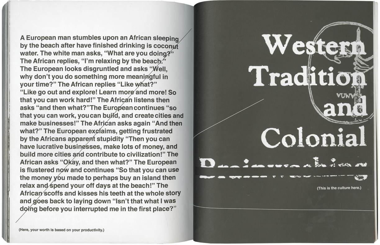 Black and white six page section of book with imagery and text