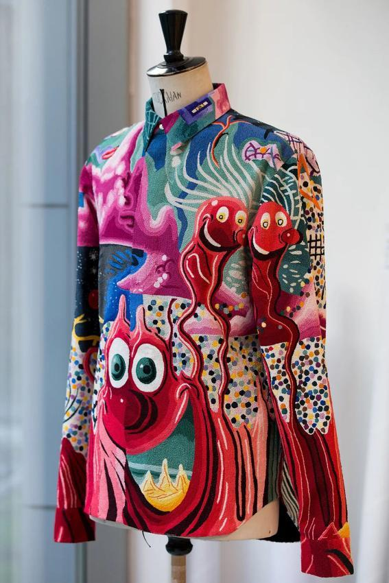 Custom-tailored Shirt Accented with Kenny Scharf's Pop Graffiti Art and Suzhou Embroidery