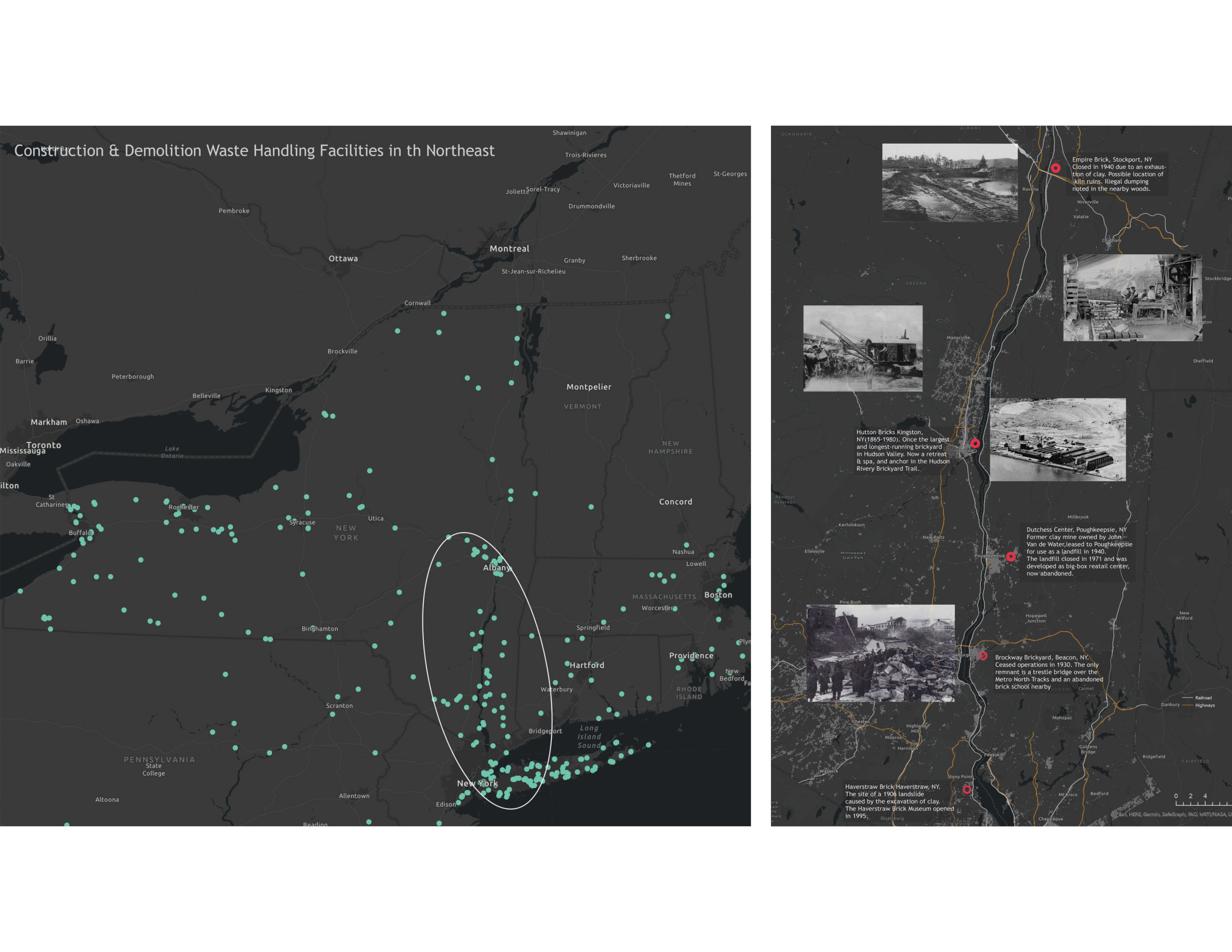 Images show several shots of Kingston Point Beach where brick rubble is gathered on the shoreline and the remains of a old kiln sheds remain standing.
