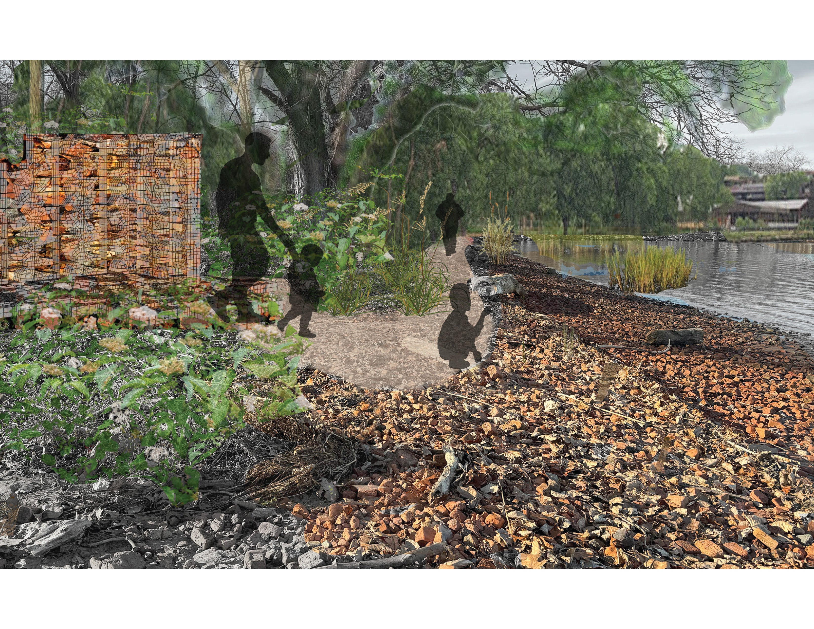 Images is a perspective rendering of the beach, showing the brick rubble cleared to form a path and the modular system existing as a wall and threshold.
