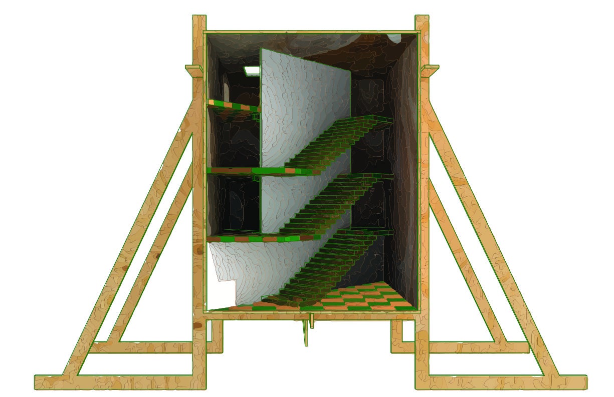 /The%20illustration%20shows%20panels%20of%20plywood%20held%20together%20by%20triangular%20supports%20which%20enclose%20a%20rectangular%20set%20for%20a%20play.%20This%20set%20features%20a%20stairwell.