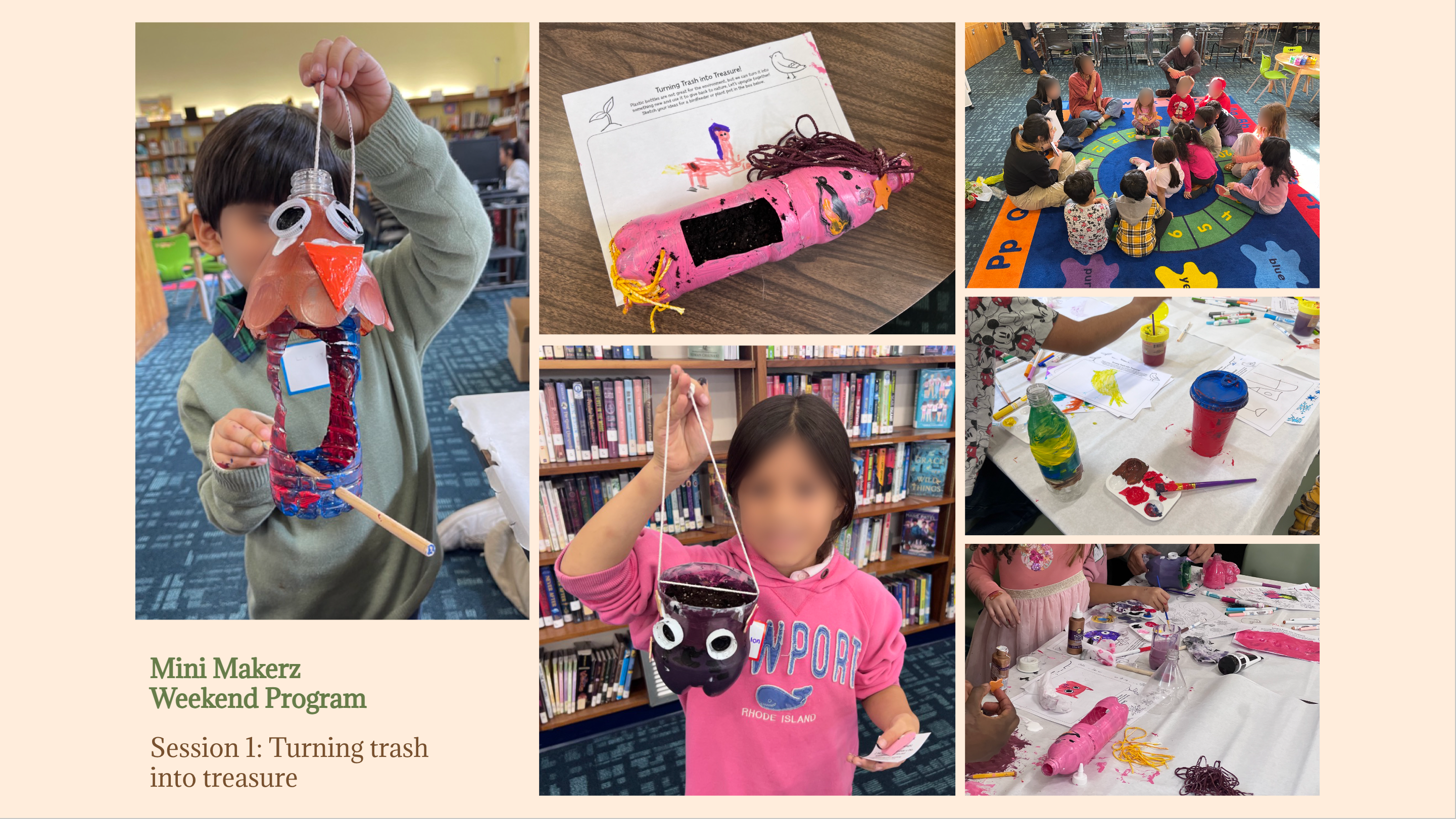 Collage: Students' process and artwork—plant pots and bird feeders crafted from recycled bottles. Students, teachers, and family members gather on colorful carpet for storytelling and discussion.