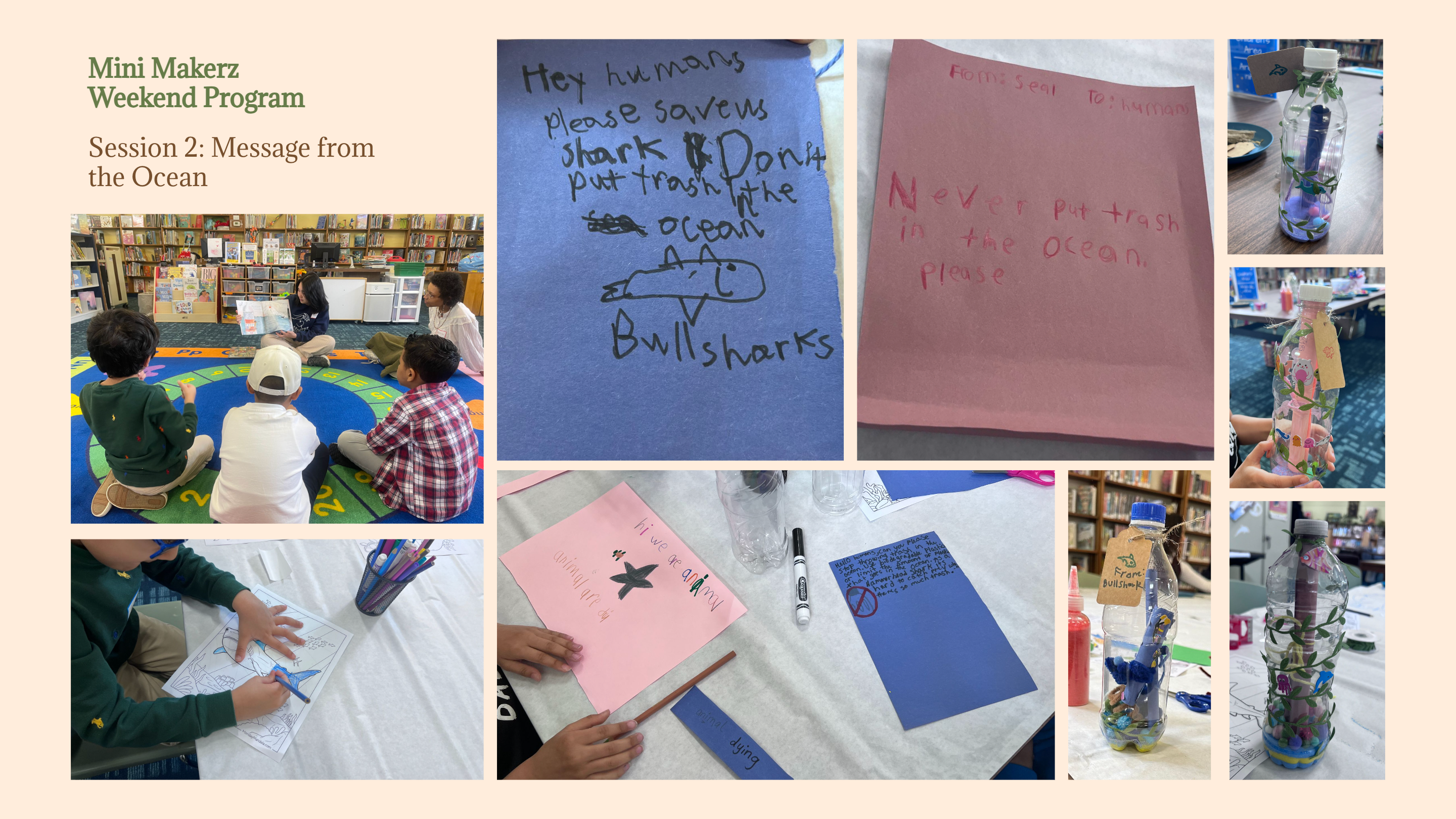 Collage: Student artwork featuring messages from a sea creature's perspective, rolled and placed in decorated bottles. Also includes teacher and students gathering on a carpet for storytelling and a student working on a marine-themed coloring page.