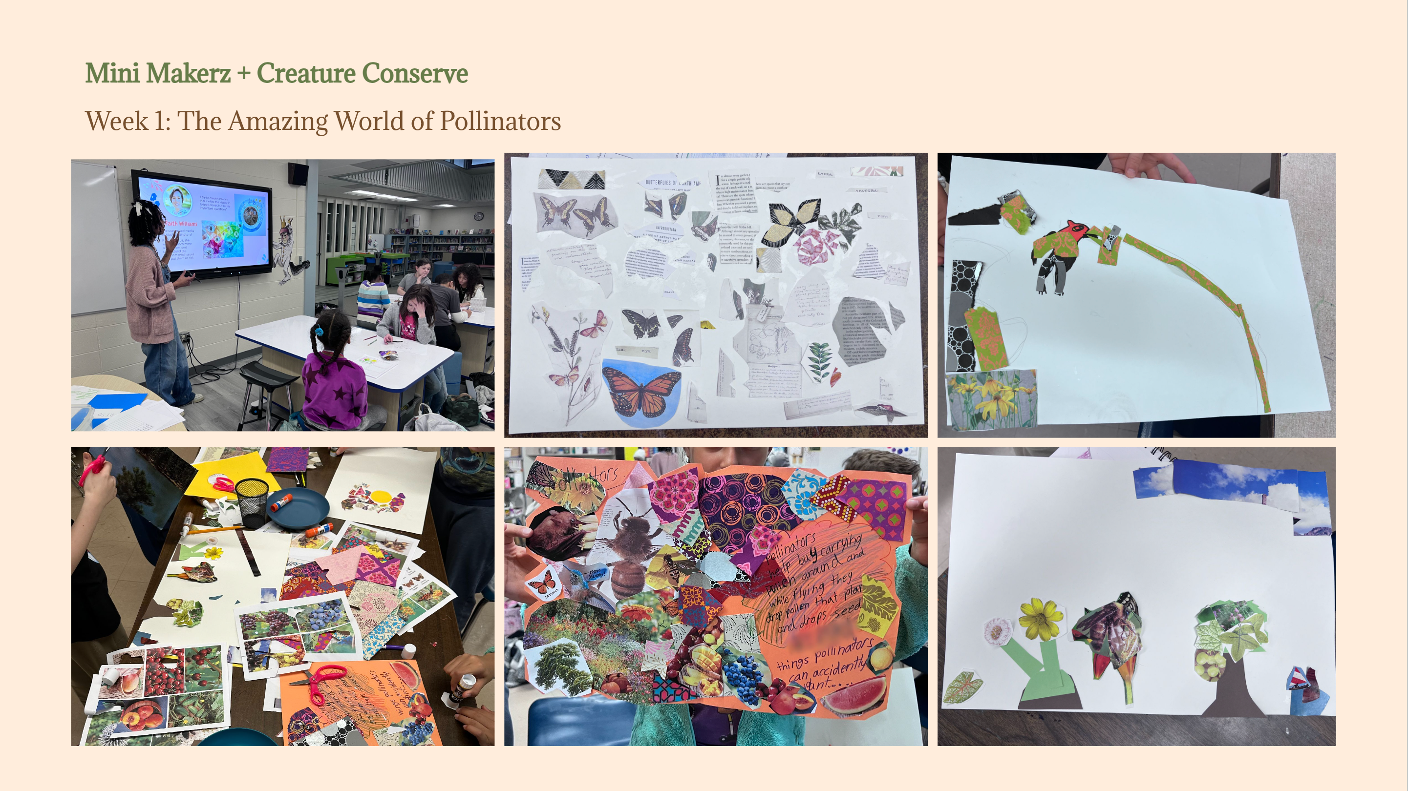 Collage: Teaching artist presenting to seated students filling out worksheets. Student collages about pollinators featuring cut-out images and patterned paper. Process images depicting students actively engaged in art creation.