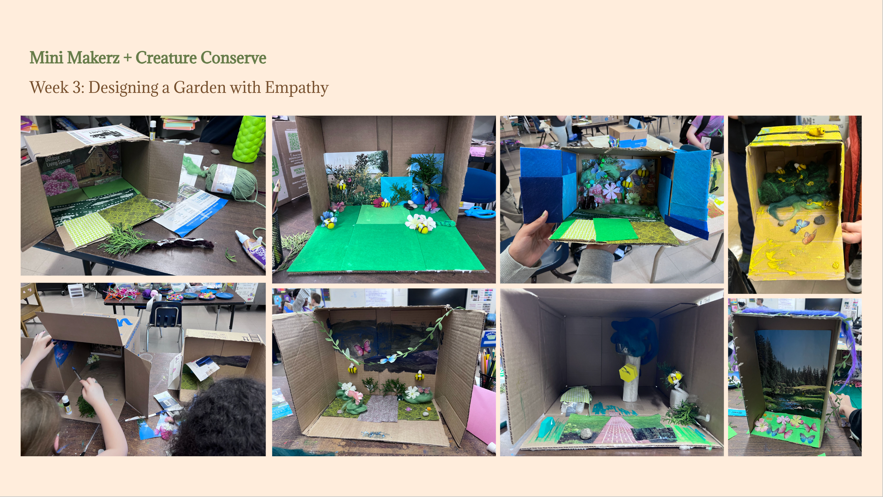 Collage: Student-made 3D dioramas depicting gardens for pollinators using found and reclaimed materials. Additional images show students engaged in the process of crafting their dioramas.