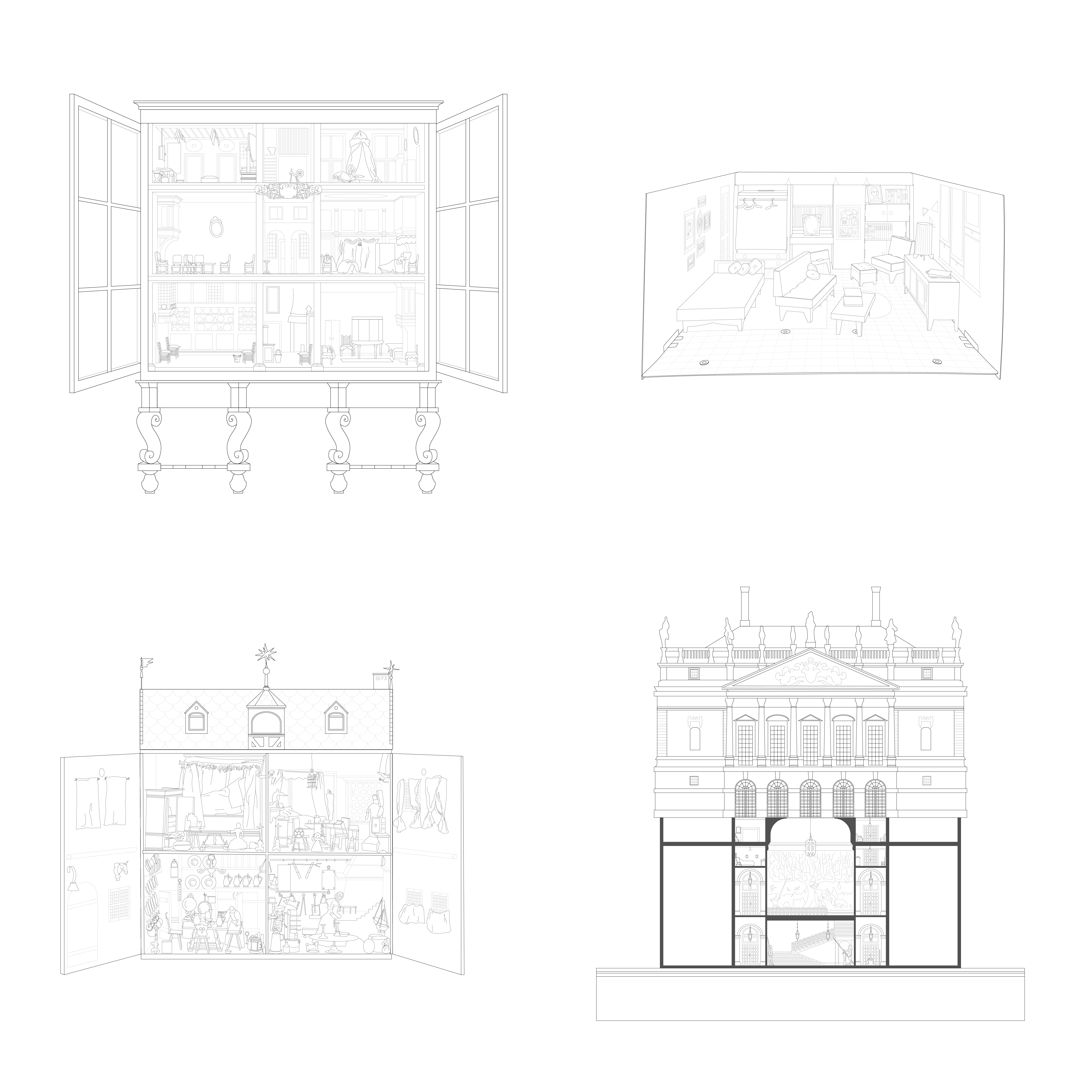 /Digital%20Drawing%2C%20black%20linework%2C%20depicting%204%20historical%20dollhouses%2C%20Dolls%E2%80%99%20House%20of%20Petronella%20Oortman%2C%20Barbie%20Dream%20House%2C%20The%20Nuremberg%20House%2C%20and%20Queen%20Mary%E2%80%99s%20Dollhouse.%20Opened%20up%20to%20reveal%20all%20the%20objects%20displayed%20within.