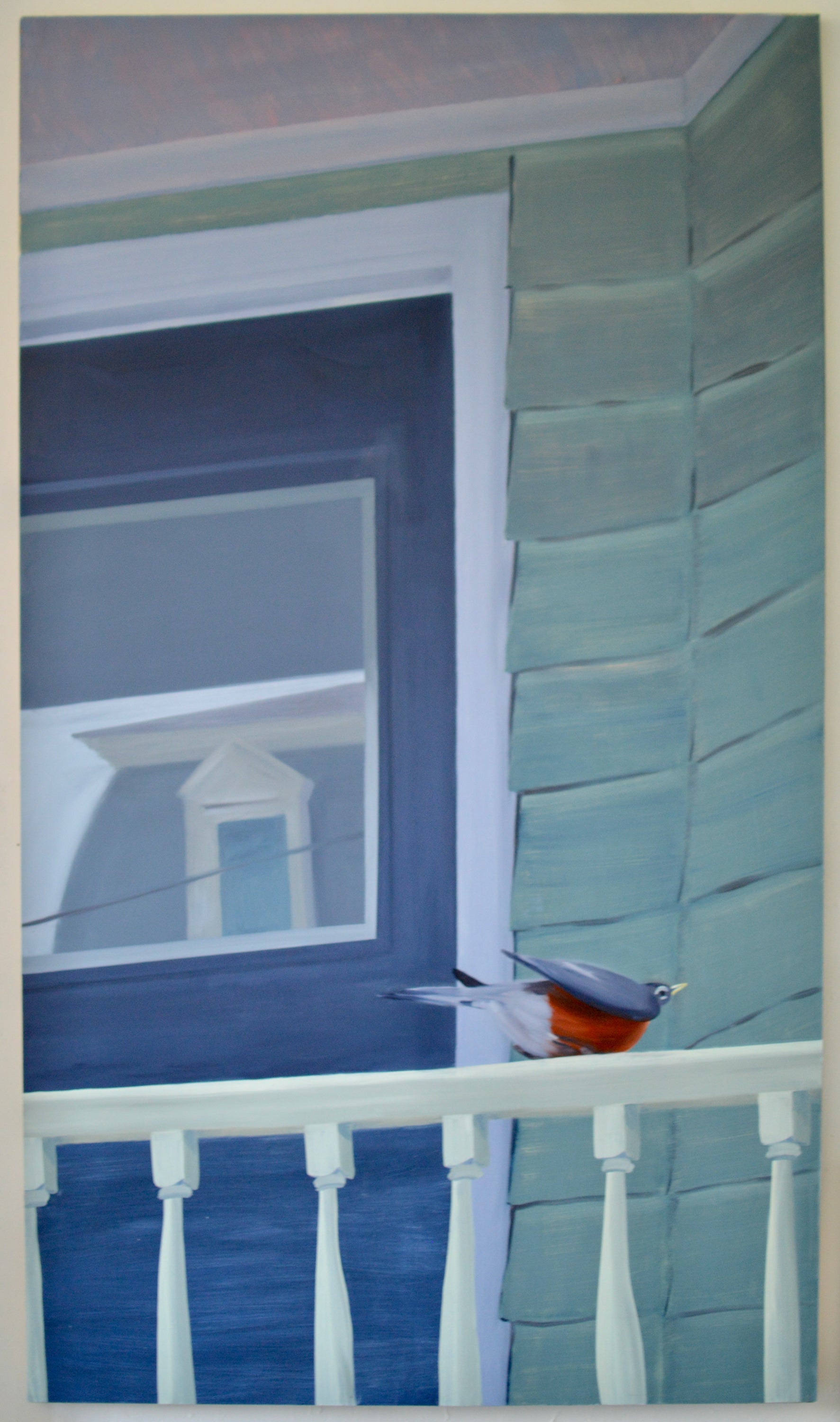 /A%20bird%20begins%20to%20take%20flight%20from%20a%20railing%20in%20front%20of%20a%20residential%20front%20door.