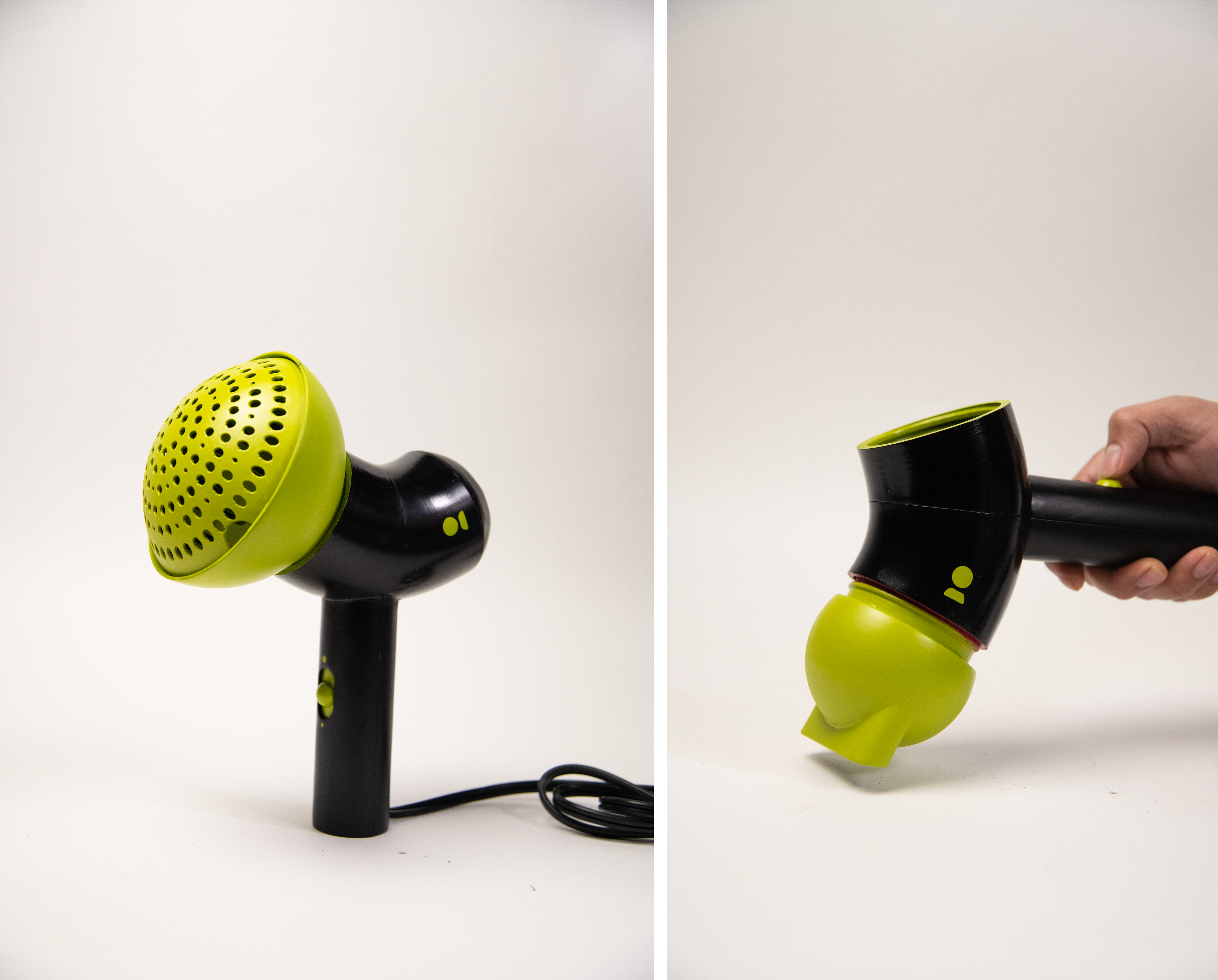 Black body hairdryer with chartreuse green screws in the front. Around the hairdryer are other attachments such as a hairdryer nozzle(chartreuse green), diffuser(chartreuse green), fabric shaver(bright pink) and clothes steamer(bright pink) placed on a white backdrop.