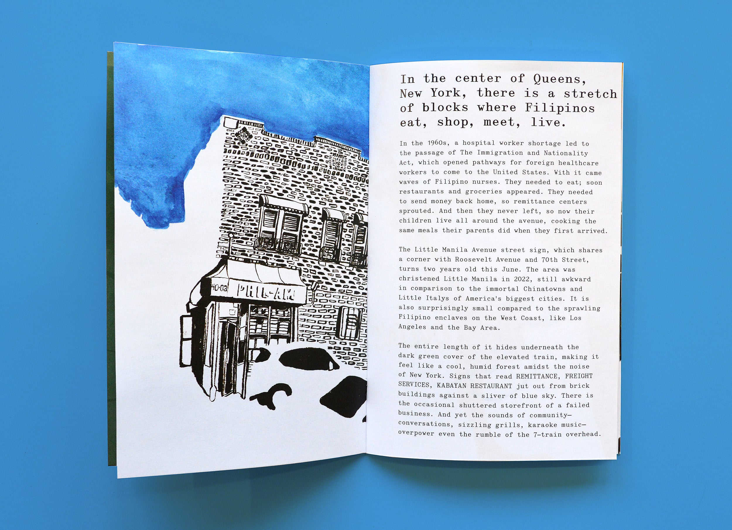 /A%20spread%20from%20a%20zine.%20An%20illustration%20of%20a%20blue%20sky%20that%20shapes%20the%20negative%20space%20below%20it%20into%20a%20city%20block%20with%20a%20Filipino%20grocery%20store.