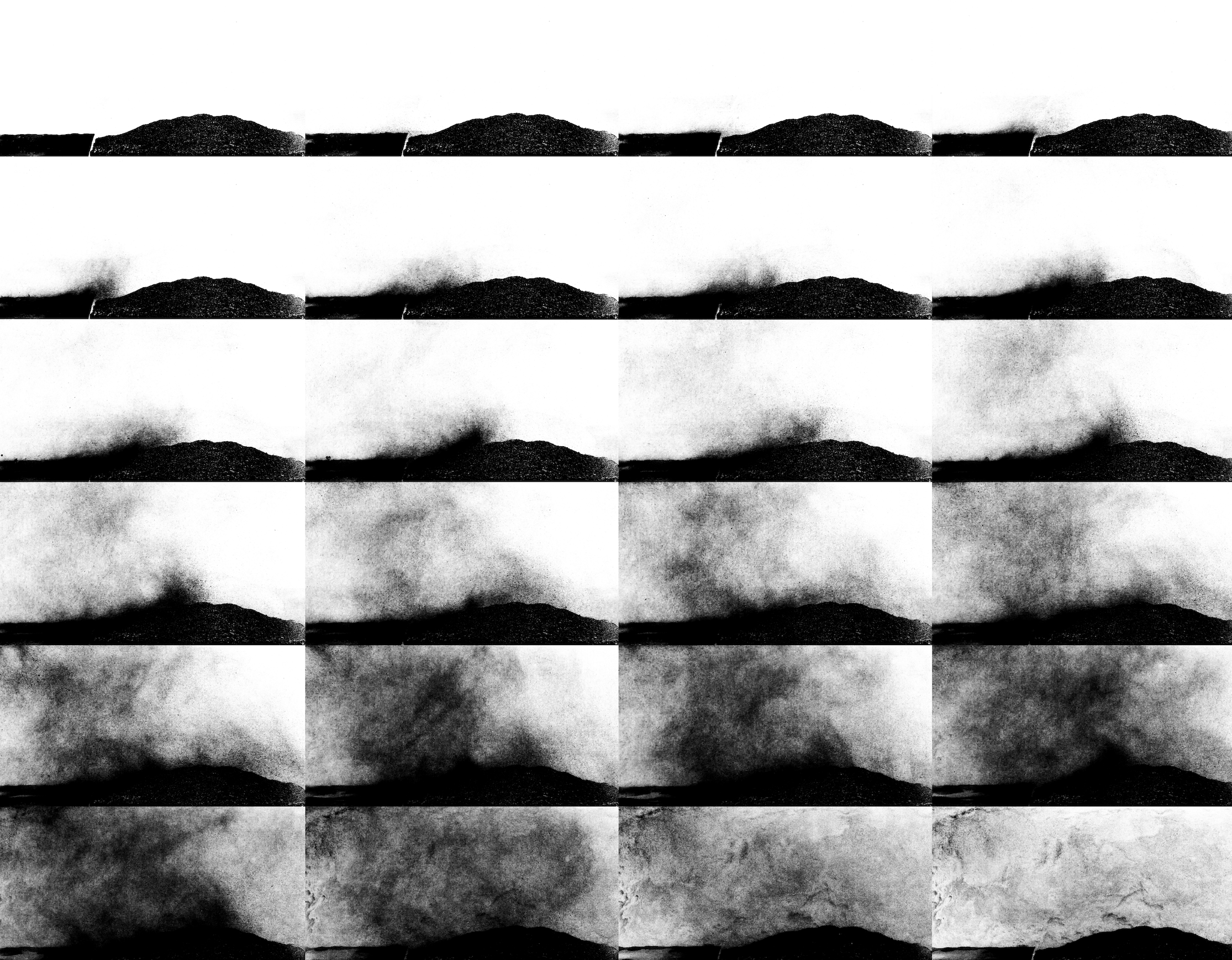 White dust is uplifted from earthen tiles against a black background in a series of video stills
