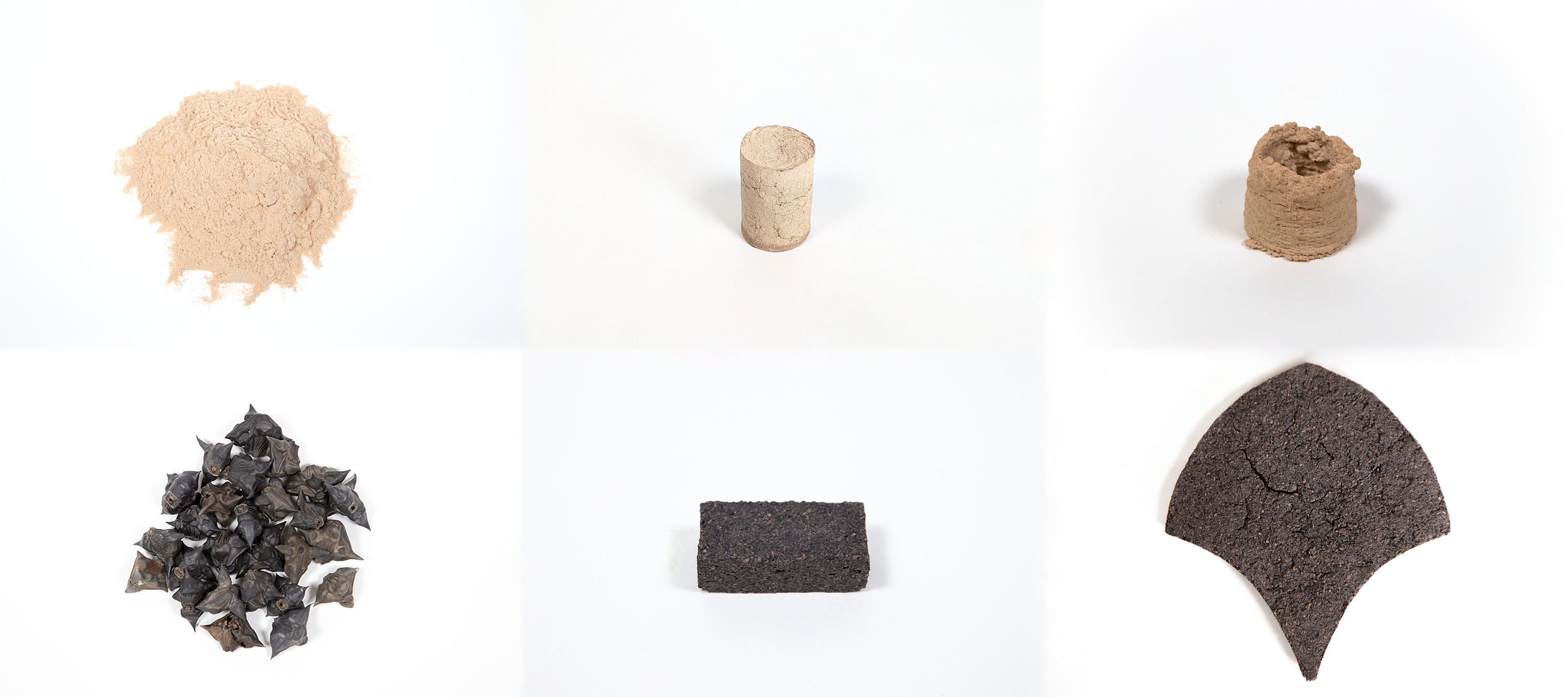 Left to right, first row: sawdust powder, a cylindar of sawdust-based material, a 3D printed small structure. Second row: Water Chestnut pods, a water chestnut-based brick, a water chestnut leaf-shaped tile. 