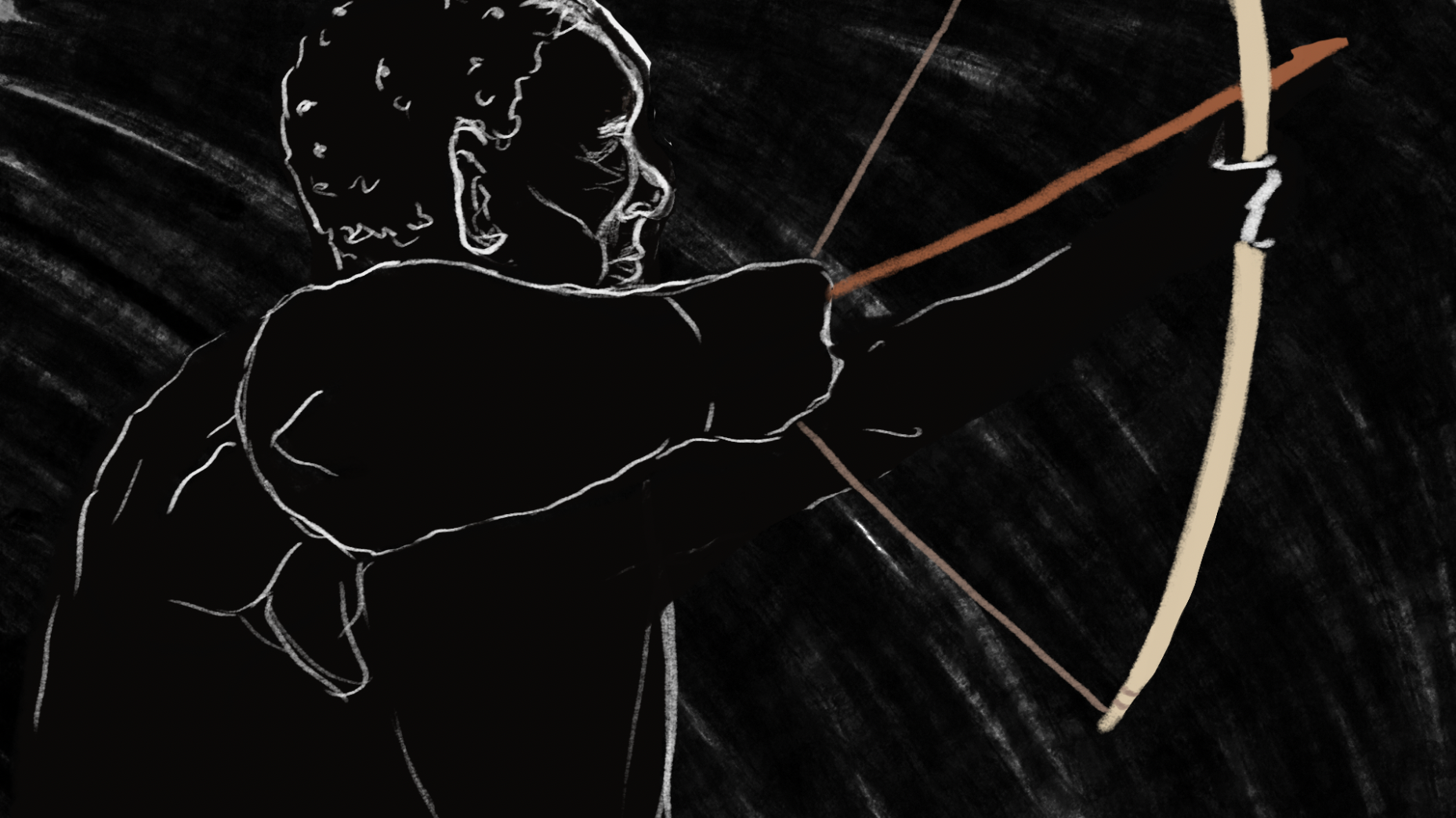 /Three%20quarter%20angle%20view%20of%20a%20white%20line%20drawing%20of%20San%20hunter%20pulling%20bow%20and%20arrow%2C%20against%20a%20fuzzy%20black%20background.%20The%20character%20has%20a%20highly%20detailed%20face%20and%20their%20head%20is%20profile%20view