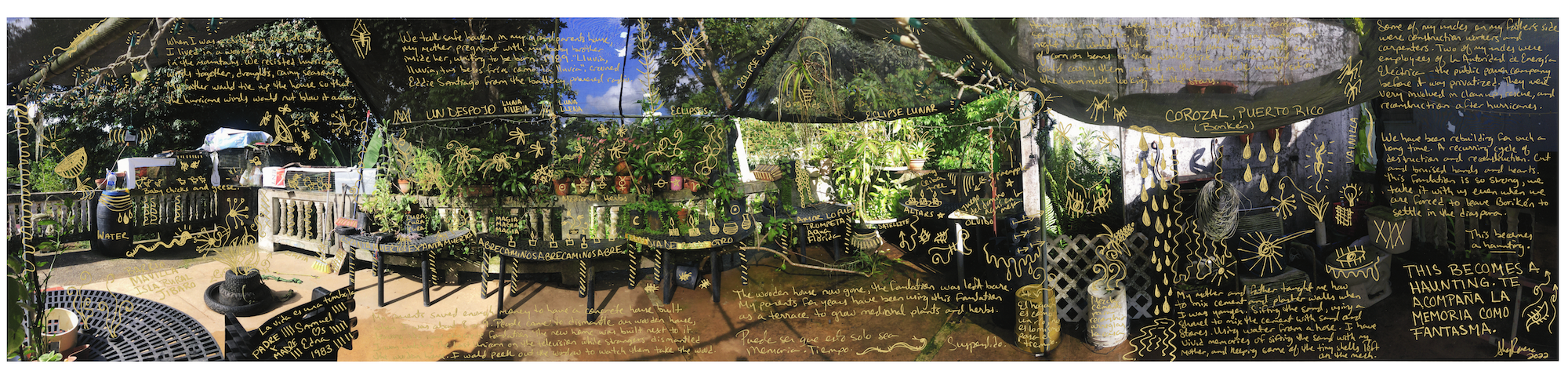 Digital landscape photograph of a terrace of a house in stilts in Puerto Rico, with a wild garden of medicinal herbs and cages with young fowl for animal husbandry. A place of Boricua specific forms of land tending and self sustainable farming. Digital print intervened with gold ink doodles and annotations. 2022. 