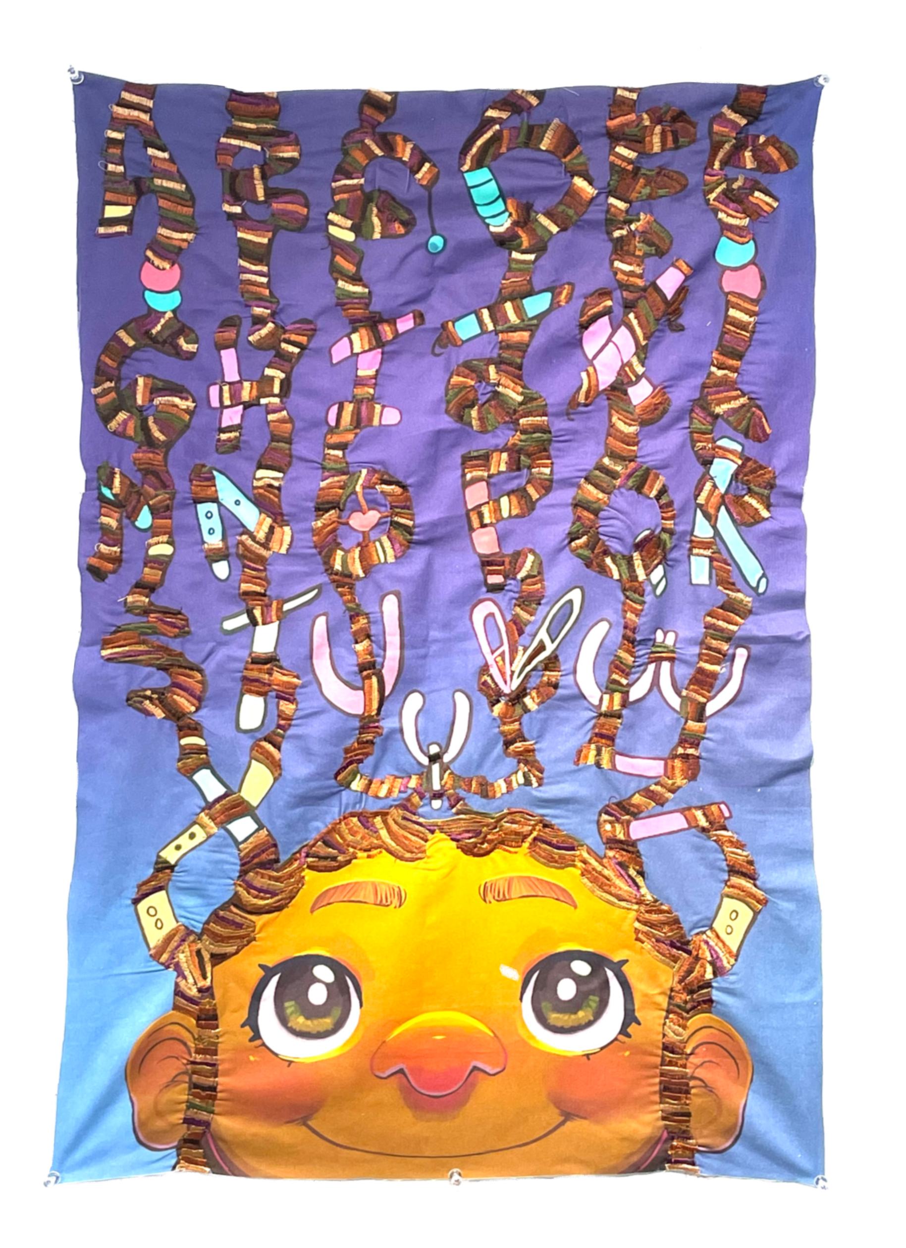 A young black, female child with braids looking up. Blue background. Braids are decorated with beads. Each braid forms the letters of the ABCs. The braids thread painted in brown, orange, and purple tones.