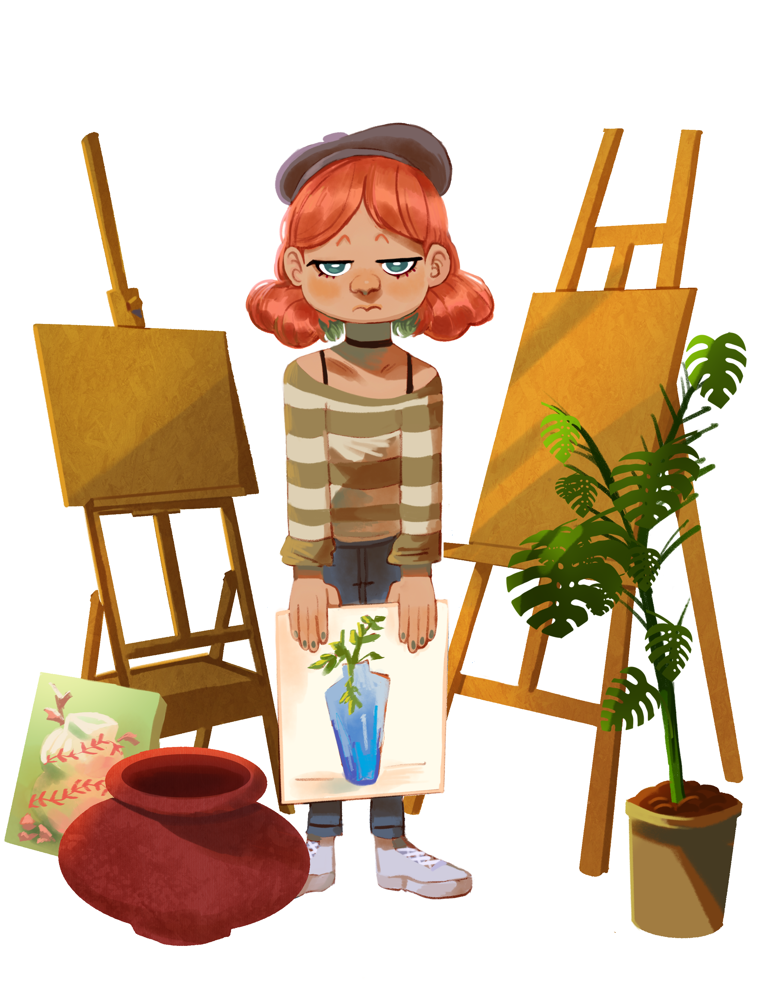 A young tan girl with bright orange hair, standing in the middle of two art easels, pots, and plants. She is holding a canvas with a blue vase on it.