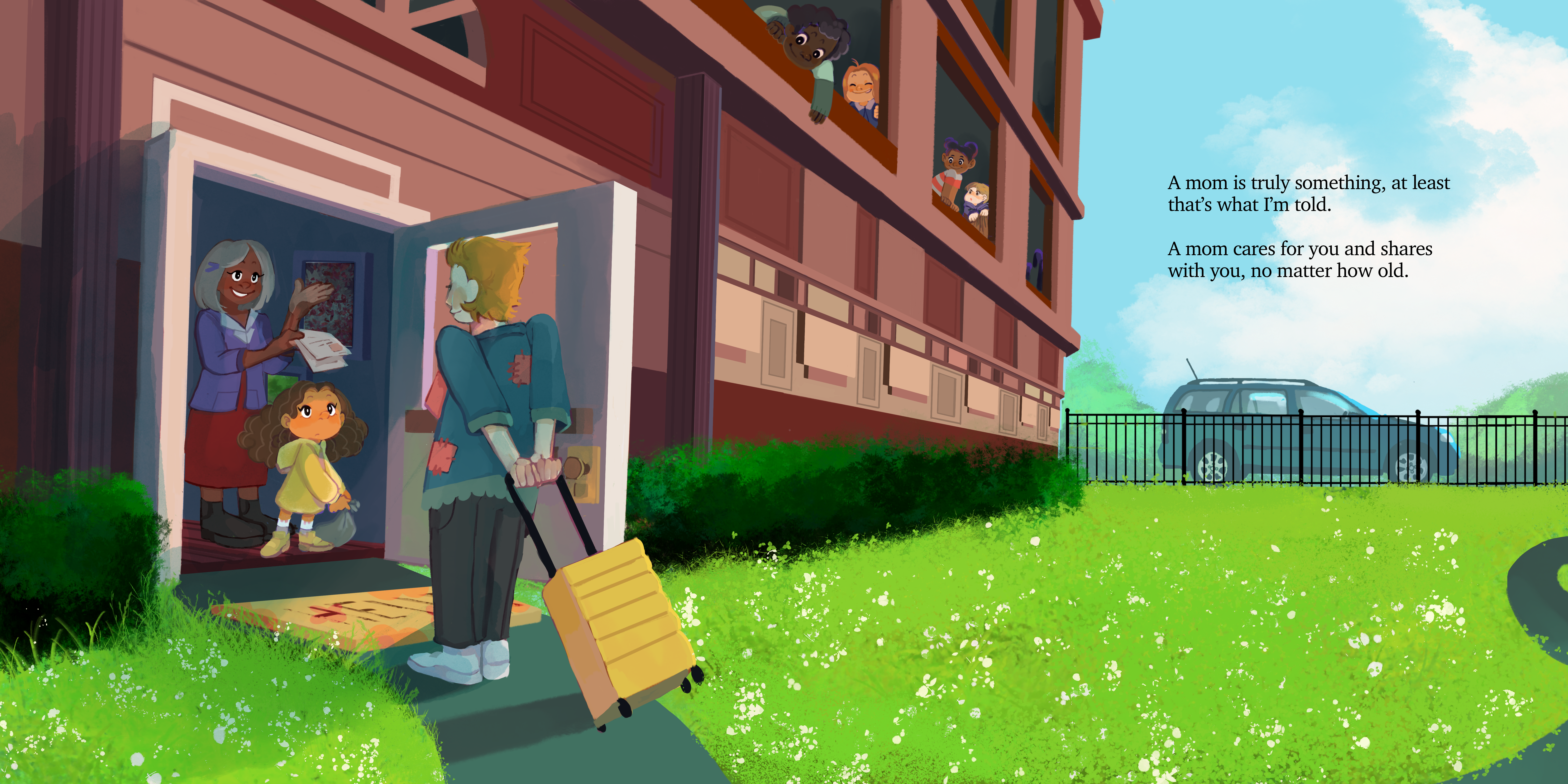 A little tan girl standing in the doorway of a foster care agency with a Black woman beside her. The woman is exchanging paperwork with a White woman outside with orange hair and a yellow suitcase.