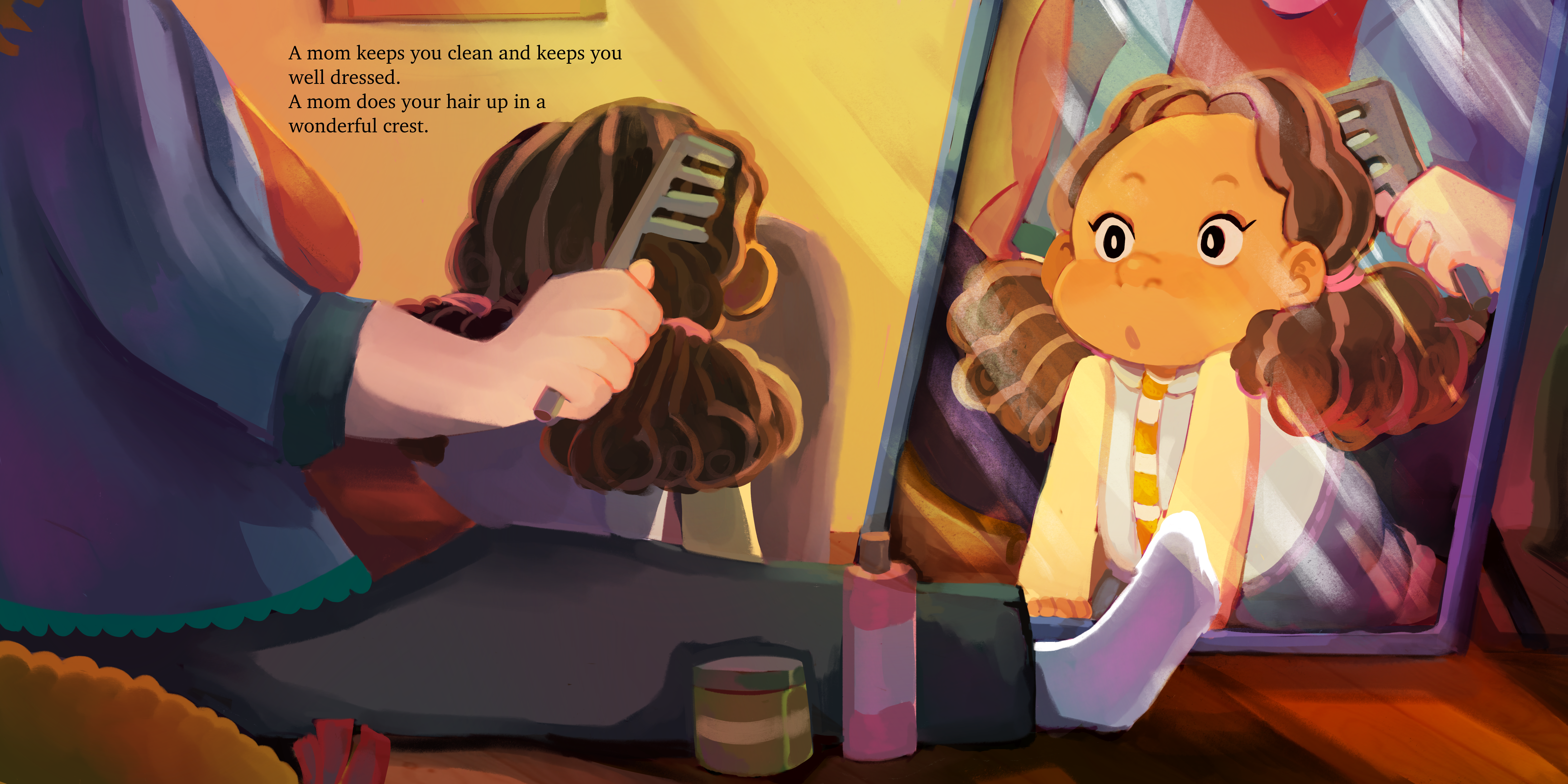 A little biracial girl having her hair brushed with a wide-tooth comb in her White mother's lap. She looks amazed while looking into a mirror, which is curly and in two pigtails.