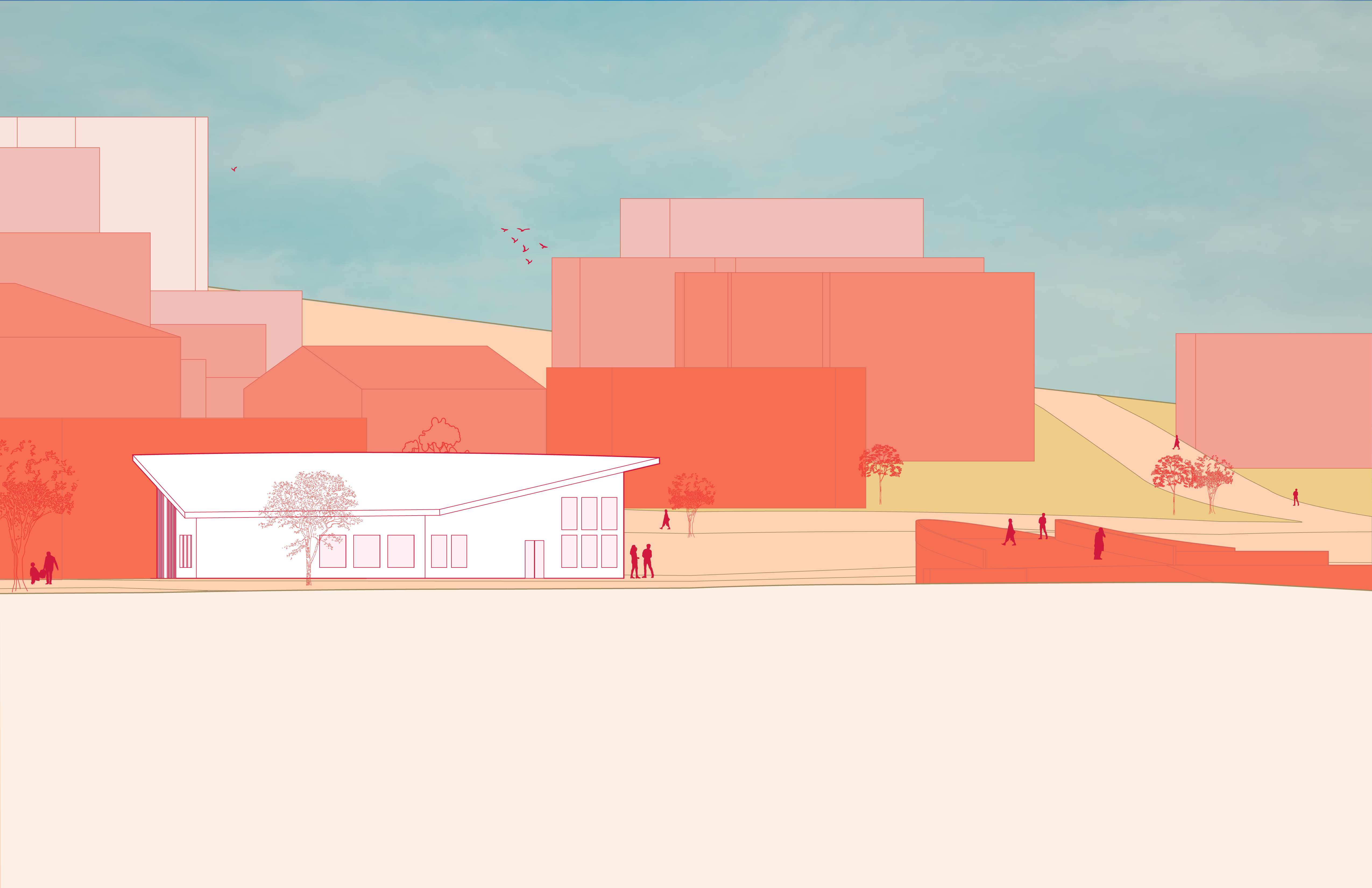 /Elevation%20view%20of%20a%20one%20story%20building%20from%20Innovation%20Park%2C%20aimed%20towards%20RISD.%20The%20background%20buildings%20are%20shaded%20orange.%20The%20drawing%20is%20aspirational%20and%20positive%2C%20including%20birds%20and%20trees.