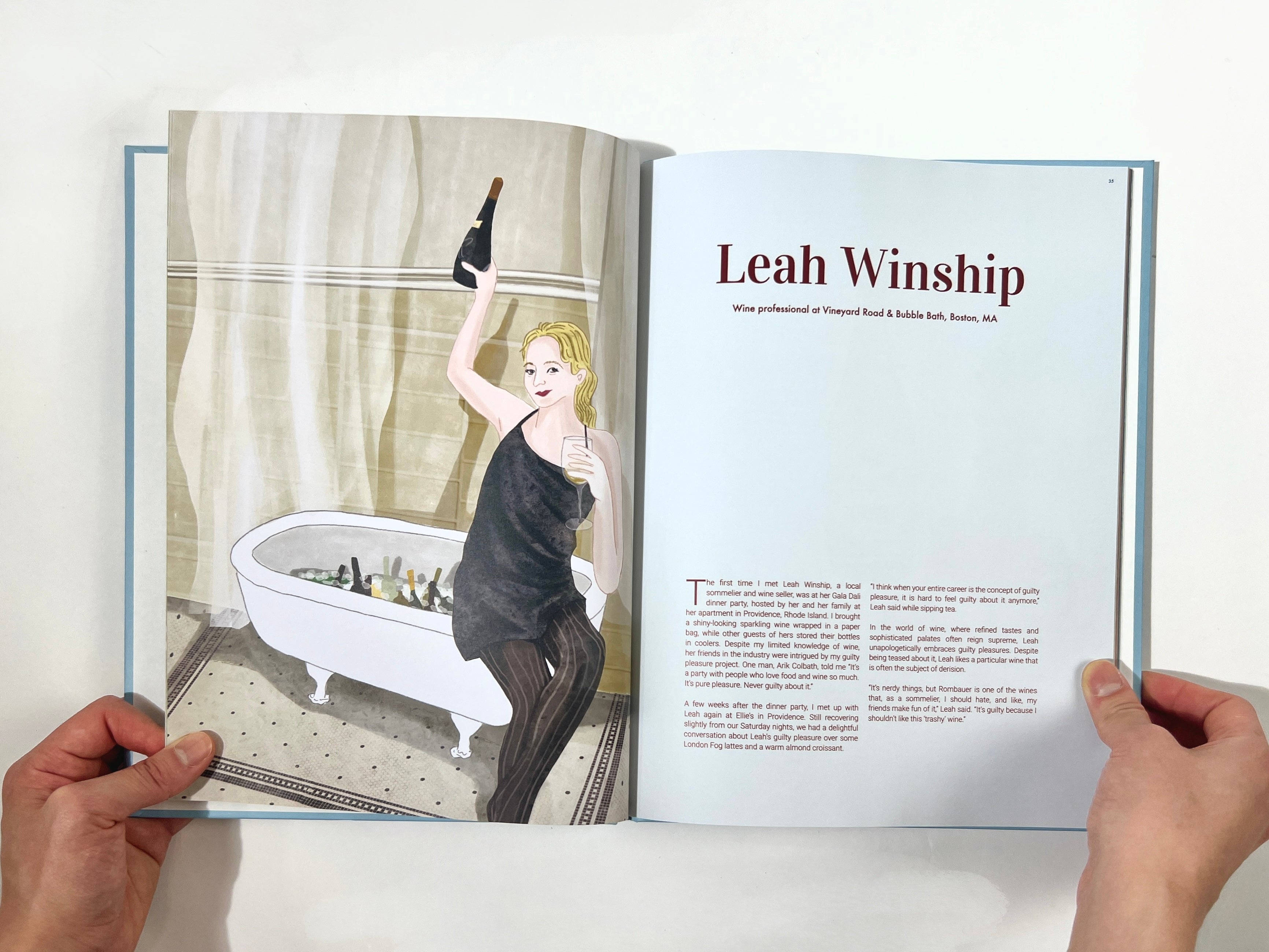 /A%20photograph%20of%20a%20book%20spread%20featuring%20an%20illustrated%20woman%20holding%20a%20wine%20bottle%20on%20the%20left%20page%2C%20and%20interview%20profile%20of%20%22Leah%20Winship%22%20on%20the%20right%20page%20