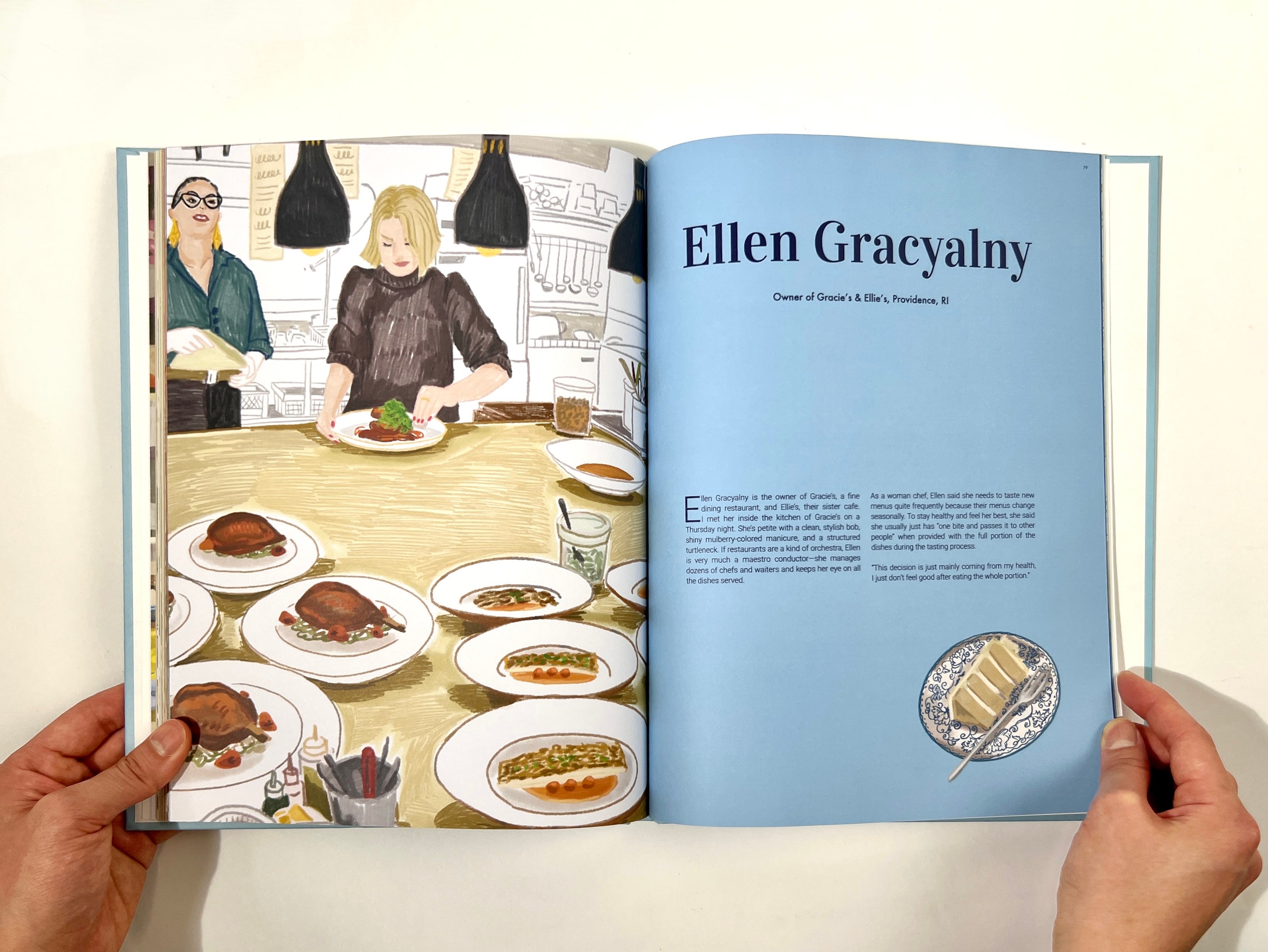 /A%20photograph%20of%20a%20book%20spread%20featuring%20women%20in%20the%20kitchen%20on%20the%20left%20page%2C%20and%20an%20interview%20profile%20of%20Ellen%20Gracyalny%20on%20the%20right.