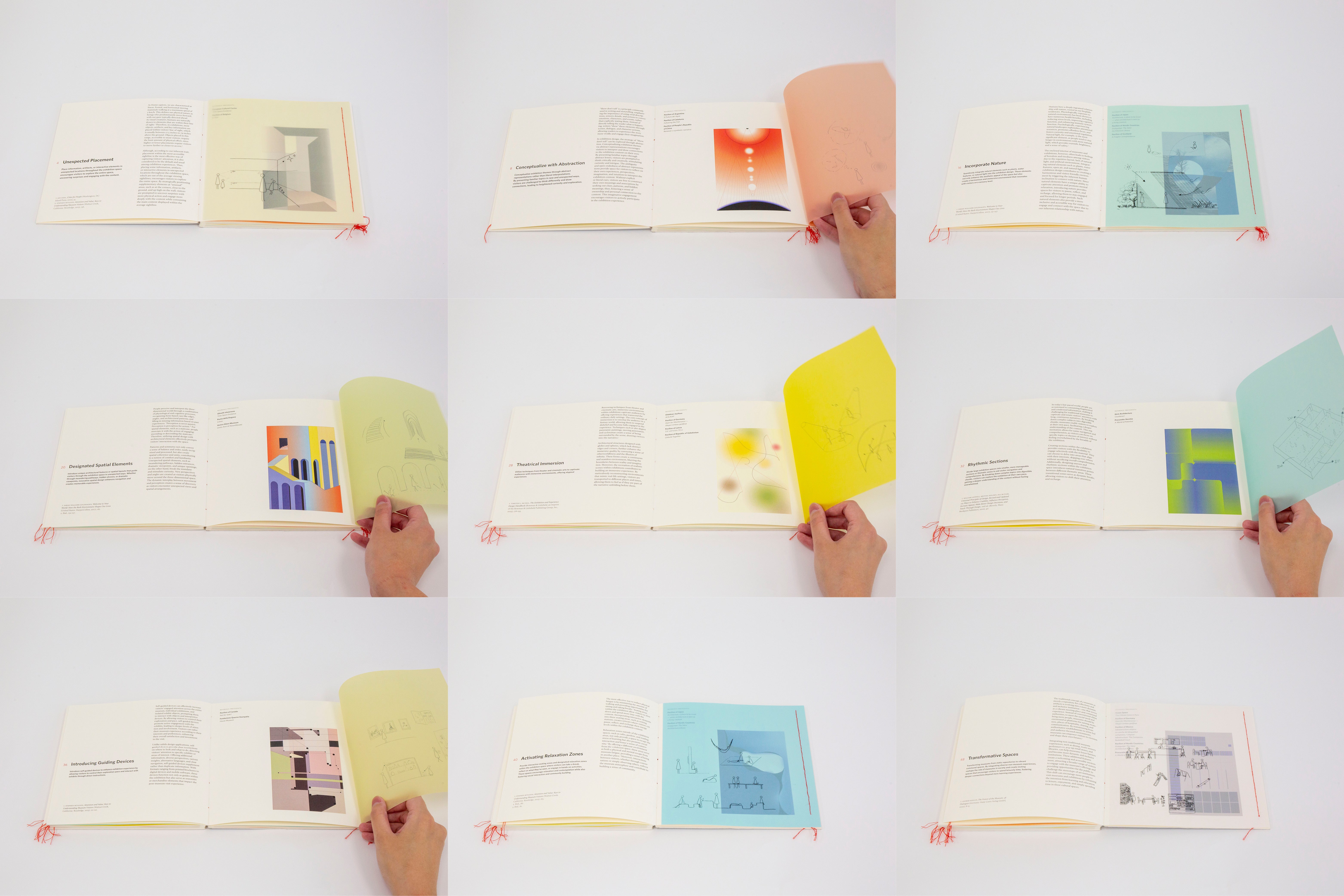 /A%20catalog%20of%20exhibition%20design%20strategies%20featuring%20text%2C%20abstract%20visualizations%2C%20and%20diagrammatic%20drawings%20on%20various%20colored%20vellum%20papers%2C%20stitched%20with%20red%20thread.