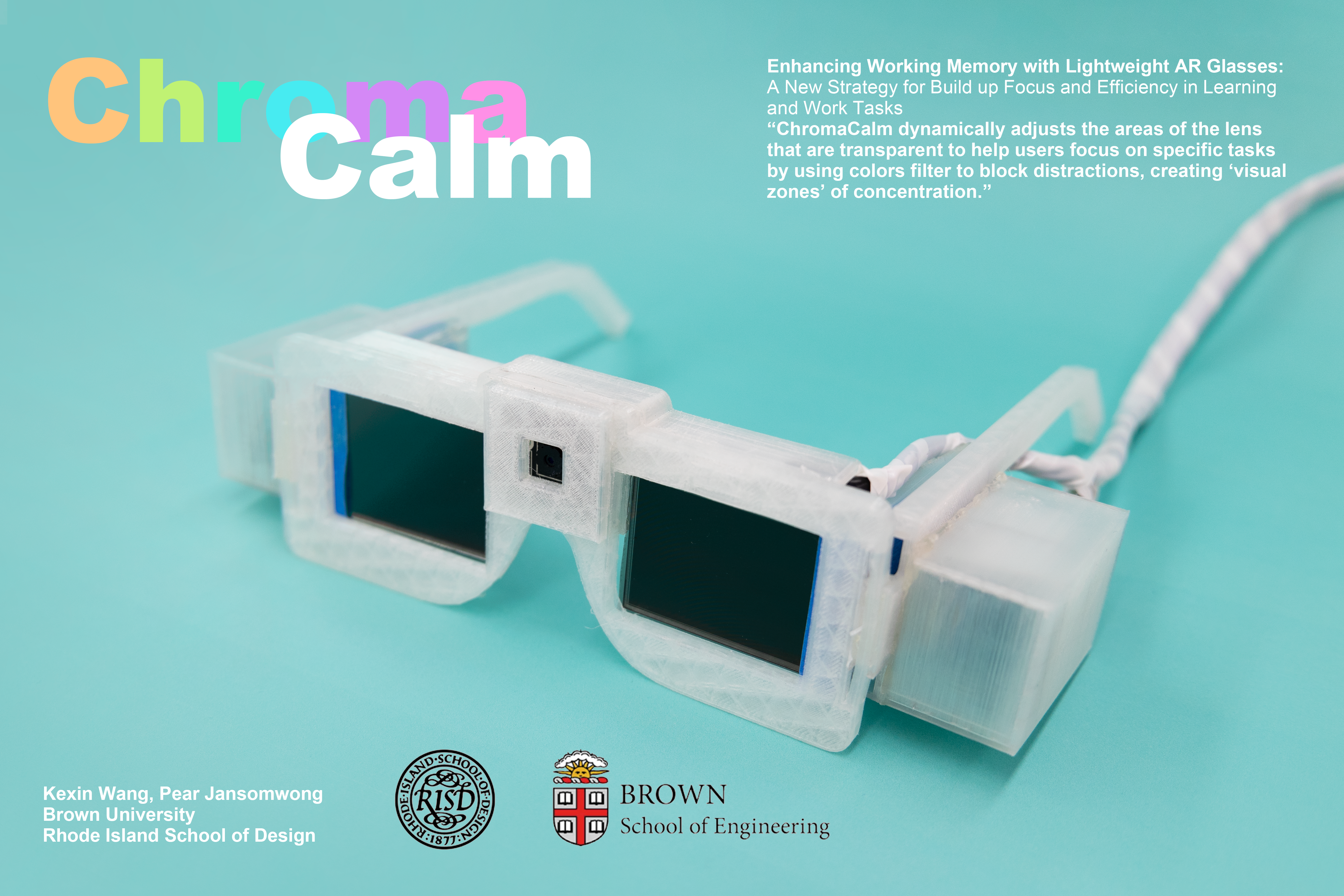 ChromaCalm AR glasses with translucent frames and tinted lenses, showcasing innovative design for enhancing concentration by controlling visual stimuli.