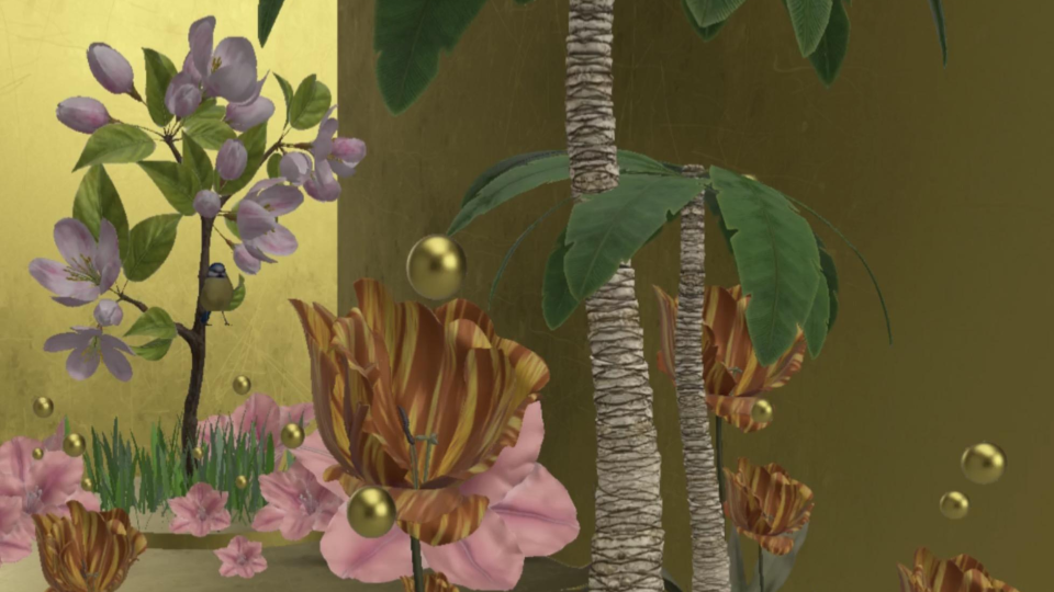 A digital and augmented reality garden with orange flowers and a palm tree in the forefront and pink flowers in the background. 