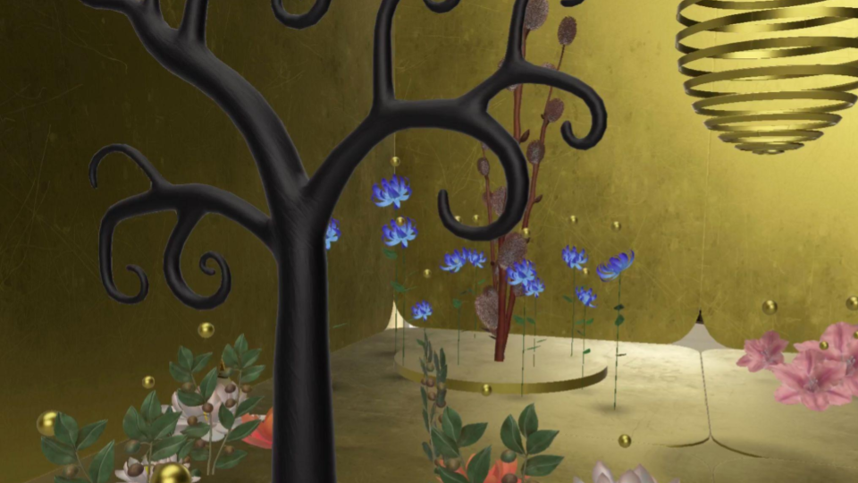 A digital and augmented reality garden with a black tree bark in the forefront and pink and blue flowers in the background 