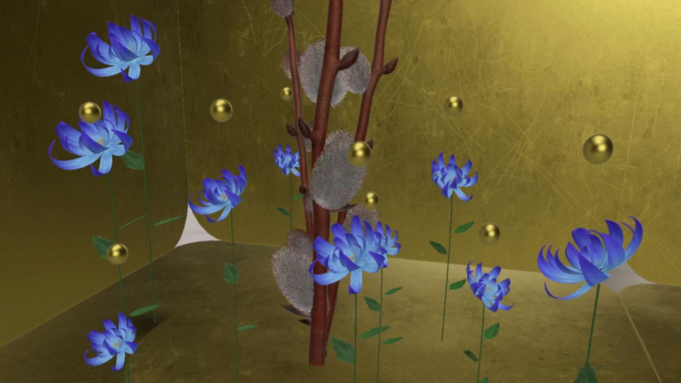 A digital and augmented reality garden with blue flowers