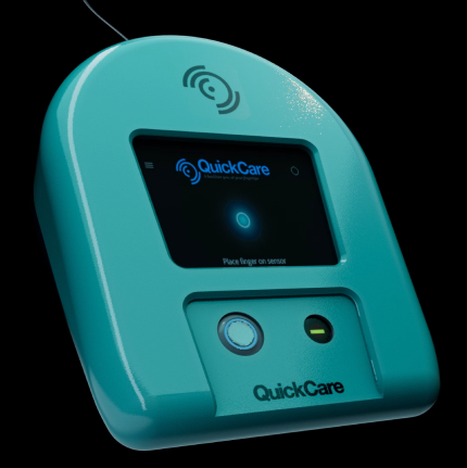 A render of the QuickCare product set against a black background and is lit from above and the side.