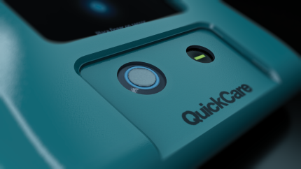 A close up shot of the product render showing the button and heart rate sensor panel.