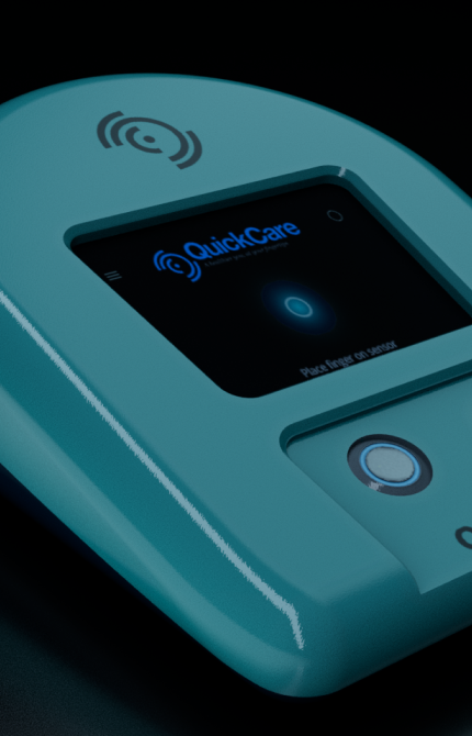 A close-up view of the QuickCare product showing the screen with the the text prompt to place finger on the sensor.