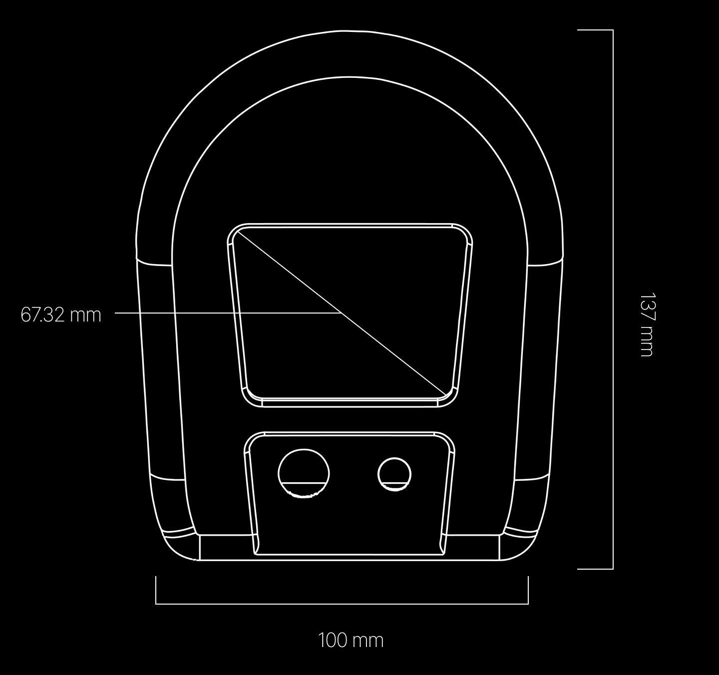 A line drawing of the QuickCare product labeling the scree, button and sensors along with measuring out the size of each component. 