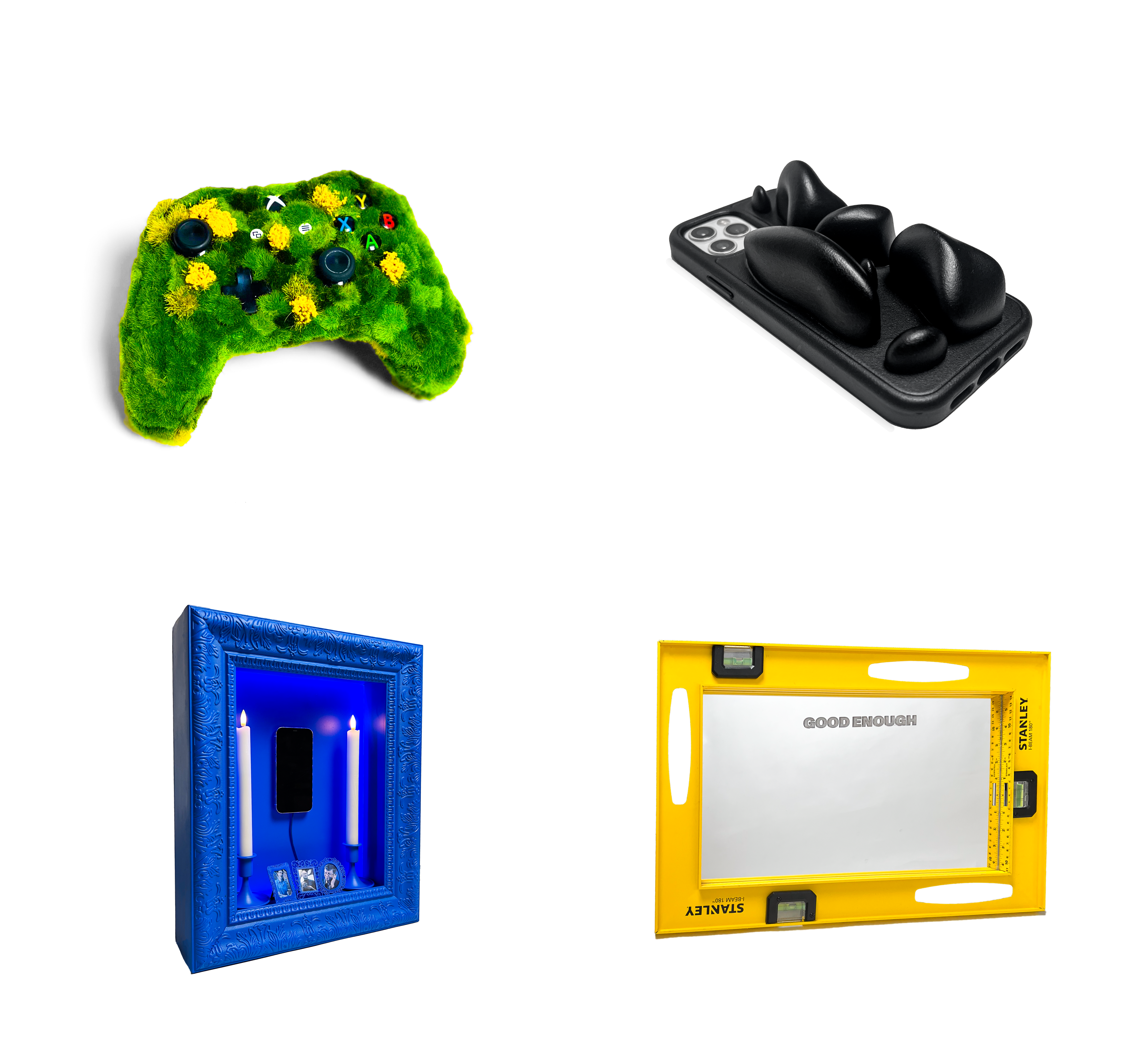 A satirical set of altered tech objects that disrupt digital habits and invite playful self-awareness.