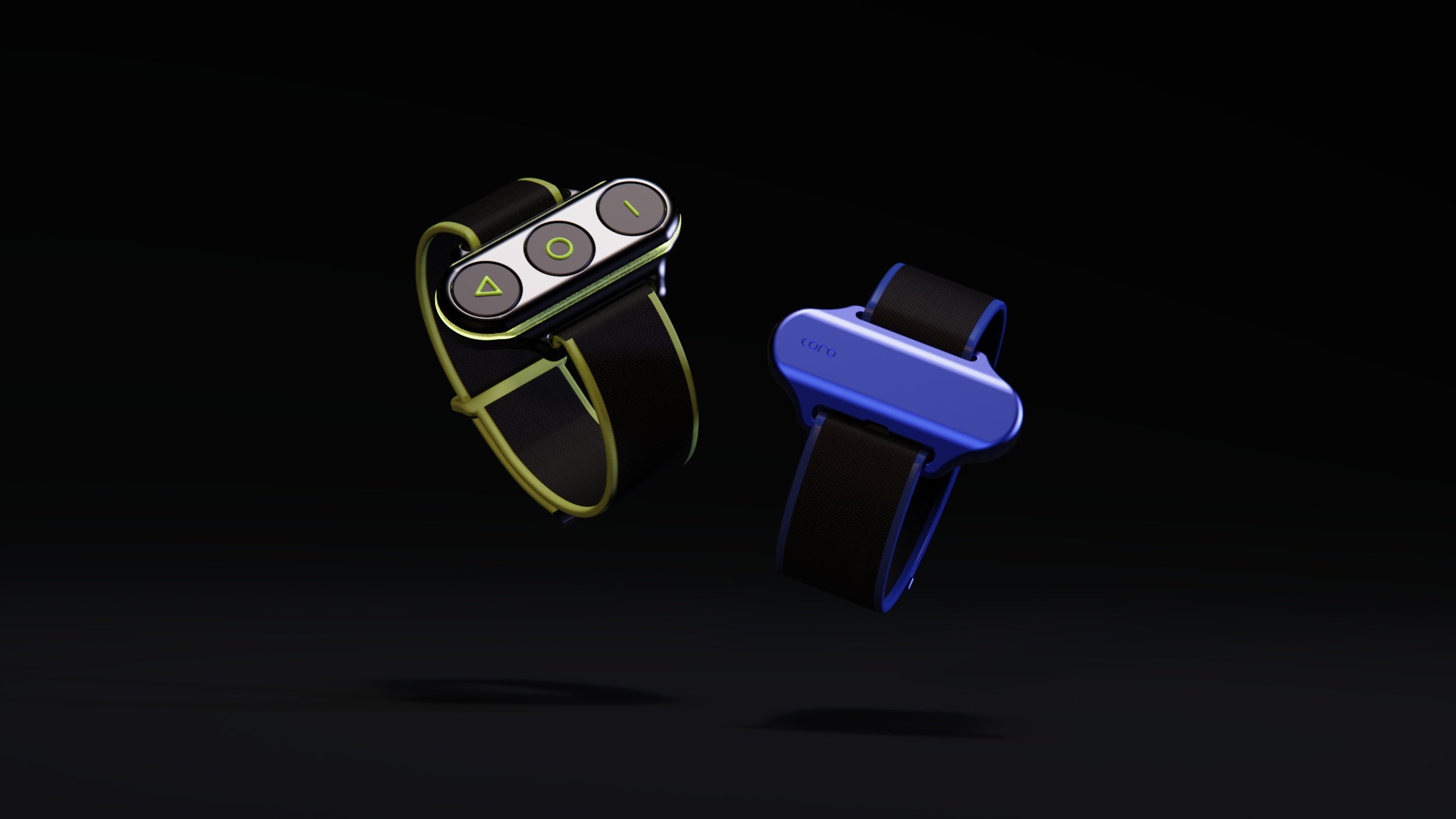 Two bands are shown, one is black with bright green accents, the other is black with electric blue accents.  