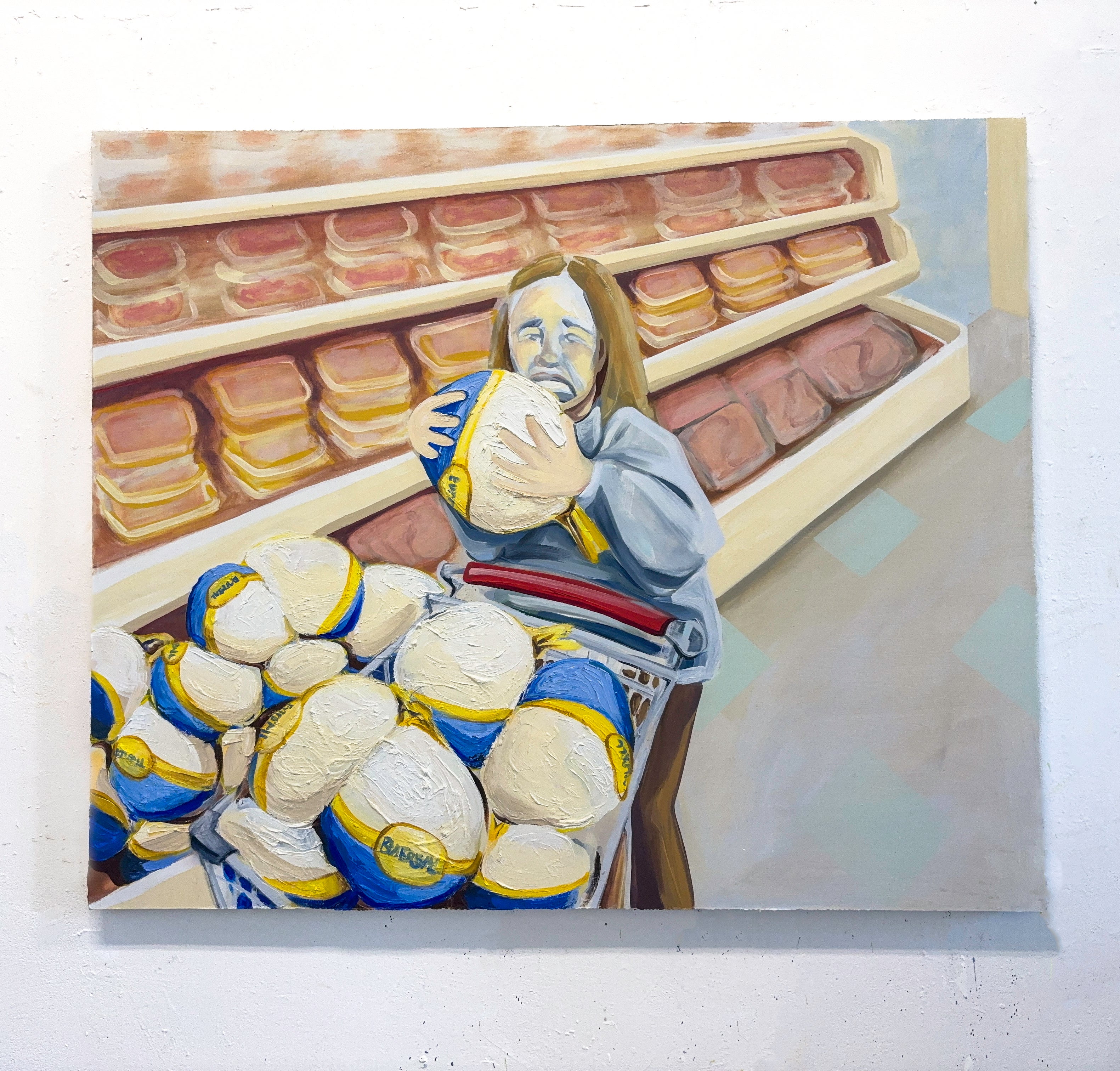 Painting of a figure in a grocery store meat aisle. Figure is holding a turkey standing behind a shopping cart.